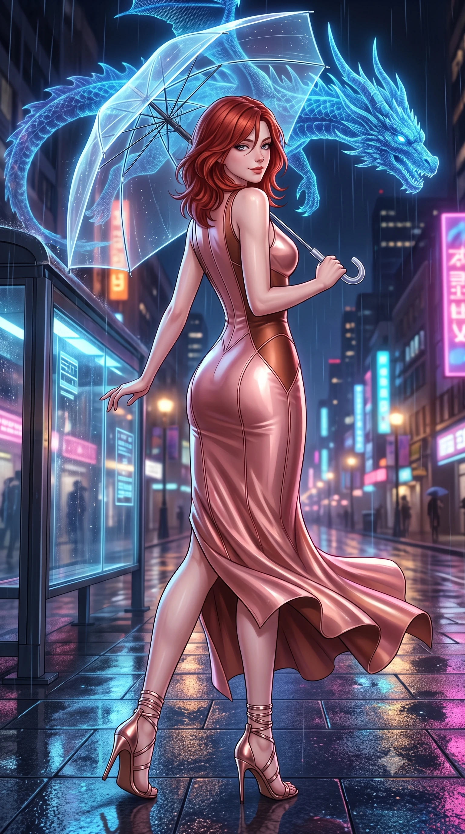 score_9, masterpiece, best quality, ultra-detailed, high-budget anime keyframe, semi-realistic 3D game render, editorial fashion photography, tasteful artistic composition, Korean woman. low angle full-body shot from head to toe showing her feet, filling the entire 9:16 vertical frame with her statuesque presence, stretching her vertical silhouette. executing a slow, graceful pivot turn as her skirt sways around her slender legs, glancing back with an enchanting, teasing sensual expression while leaning against the glowing smart-glass transit shelter with hips cocked back, gazing through transparent laser umbrella canopy with smoldering bedroom-eyes. The surrounding environment is rendered in vivid detail and crisp panoramic clarity: sharp wet granite paver reflections, intricate holographic scales on the floating dragon, and razor-sharp laser umbrella ribs in deep focus. She has an exceptionally tall and slender model-like 8.5-heads proportion, an ultra-slim waist, a flat toned midriff, narrow delicate ribcage, and beautifully sculpted feminine hips creating a graceful, slim hourglass silhouette without any bulky heaviness, with impossibly long slender legs. sharp v-shaped jawline, high-bridge nose, intricate jewel-like sparkling eyes with depth, thick eyelashes, glossy parted lips with a natural peach sheen, bright cheerful beaming smile with an enchanting and coquettish sensual glint, exuding both youthful cute charm and seductive allure, flawlessly proportioned anatomical accuracy, strict slender model proportions, natural body alignment, perfectly sculpted long slender limbs, ultra-slim waistline, clean dynamic posture without body distortion. wearing a sculpted second-skin neoprene column gown with subtle architectural seam lines accentuating her curves in high-gloss rose-gold and burnished copper, woven from buttery-soft stretch lambskin leather adhering to her body like a second skin, complemented by strappy stiletto sandals with metallic ankle wraps accentuating her slender calves, the liquid-tight tailored fabric clinging flawlessly to her narrow waist and rounded feminine hips, emphasizing every millimeter of her sculpted slim hourglass curves without any bulky heaviness. bathed in the glowing azure radiance of the monumental holographic dragon mixed with neon street reflections. highly saturated vibrant anime colors, detailed shading with soft gradients, rich glossy textures, high-contrast stereoscopic depth, volumetric dynamic lighting, master piece, 9:16 ratio