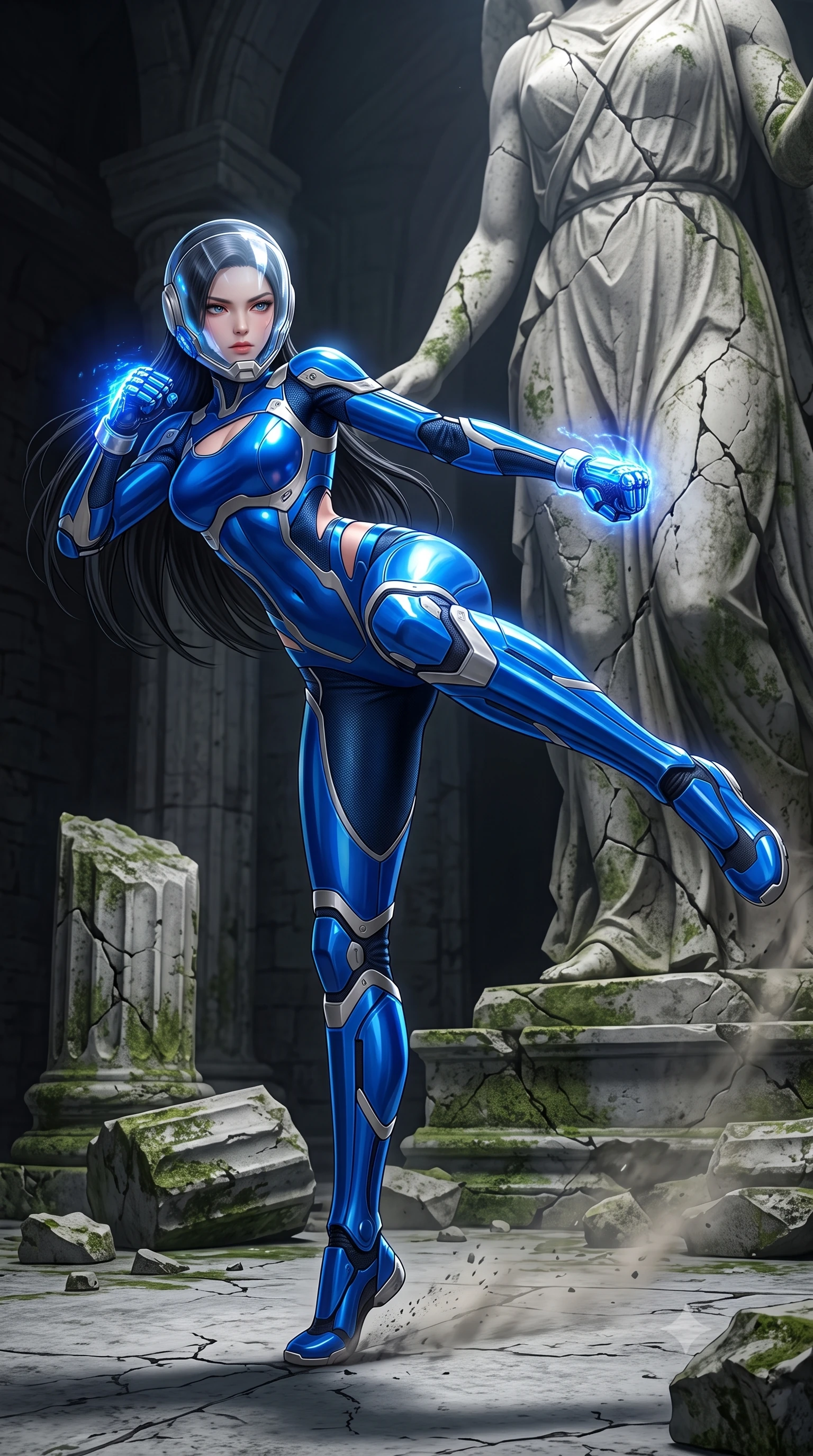 score_9, masterpiece, best quality, ultra-detailed, high-budget anime keyframe, semi-realistic 3D game render, editorial fashion photography, tasteful artistic composition, Korean woman. low angle full-body shot from head to toe showing her feet, filling the entire 9:16 vertical frame with her statuesque presence, stretching her vertical silhouette. pivoting dynamically in a high-speed low sweep kick along the cracked concrete, her athletic torso and ultra-slim waist twisting in a fluid arc of power while pivoting dynamically beside a colossal fractured saint statue, her kinetic knuckle dampers glowing with intense blue energy. The surrounding environment is rendered in vivid detail and crisp panoramic clarity. transcendent chiaroscuro contrast between sacred ruin architecture and glowing combat energy in precision. She has an absolutely perfect, statuesque 8.5-heads proportion, an exceptionally tall and slender model-like female figure with impossibly long slender legs, a toned flat midriff, and an ultra-slim waist. sharp v-shaped jawline, high-bridge nose, intricate jewel-like eyes with depth, thick eyelashes, glossy lips with a natural sheen, fierce and resolute heroine expression, flawlessly proportioned anatomical accuracy, strict slender model proportions, natural body alignment, perfectly sculpted long slender limbs, ultra-slim waistline, clean dynamic posture without body distortion. wearing a crystal-clear transparent armored riot-visor helmet showing her entire beautiful face and determined expression with pristine clarity, paired with an ultra-sleek high-gloss carbon-composite exoskeleton suit featuring kinetic shock-absorbing shin guards and flexible limb articulation joints in electric cobalt blue carbon with brushed platinum tactical trim, made of liquid carbon-jersey fabric accentuating every curve of her tall, slender model proportions, finished with high-mobility flexible armor articulation seams and miniature magnetic locks, the precision-cut daring openings accentuating her delicate midriff, graceful bare collarbones, and ultra-slim feminine waistline. surrounded by an awe-inspiring, tragic, and radiantly unbreakable warrior goddess aura. rich saturated anime colors with glowing neon highlights, detailed shading with soft gradients, rich glossy textures, high-contrast stereoscopic depth, volumetric dynamic lighting, master piece, 9:16 ratio