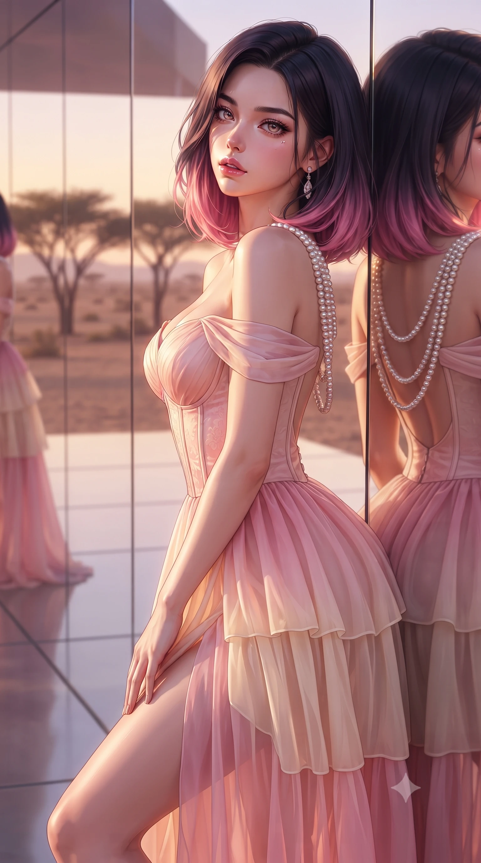 score_9, masterpiece, best quality, ultra-detailed, high-budget anime keyframe, semi-realistic 3D game render, editorial fashion photography, tasteful artistic composition, Korean woman. close-up cowboy shot from the waist and thighs up, the character dominates the composition, filling the frame with her large presence. leaning back with relaxed seductive grace, her sculpted collarbones and narrow waist highlighted as she casts smoldering bedroom-eyes directly into the camera while leaning back against the mirror-smooth wall with hips cocked, casting an enigmatic, sultry bedroom-gaze into the infinite desert reflections. The composition keeps background elements in soft focus with creamy bokeh. infinite mirror reflections and distant desert acacia trees softened in avant-garde shallow focus. She has an exceptionally elegant, slender, and willowy female figure with an ultra-slim waist, flat toned midriff, narrow ribcage, and sculpted feminine hips creating an alluring, slim hourglass silhouette without bulk. sharp v-shaped jawline, high-bridge nose, intricate jewel-like eyes with depth, thick eyelashes, glossy parted lips with a natural sheen, intensely captivating and seductive bedroom-eyes expression, flawlessly proportioned anatomical accuracy, strict slender model proportions, natural body alignment, perfectly sculpted long slender limbs, ultra-slim waistline, clean dynamic posture without body distortion. wearing an off-shoulder French court corset bodice dress paired with a tiered translucent chiffon slit skirt in sakura blossom pink and warm ivory, woven from layered gossamer chiffon with a weightless sweeping drape, accented with a multi-strand pearl back necklace cascading down her bare spine to her hips, the form-contouring material adhering flawlessly to her sculpted flat midriff and slender torso, emphasizing her long leg lines and perfectly proportioned willowy build. bathed in glorious desert sunset glow in rich shades of molten copper and violet. highly saturated vibrant anime colors, detailed shading with soft gradients, rich glossy textures, high-contrast stereoscopic depth, volumetric dynamic lighting, master piece, 9:16 ratio