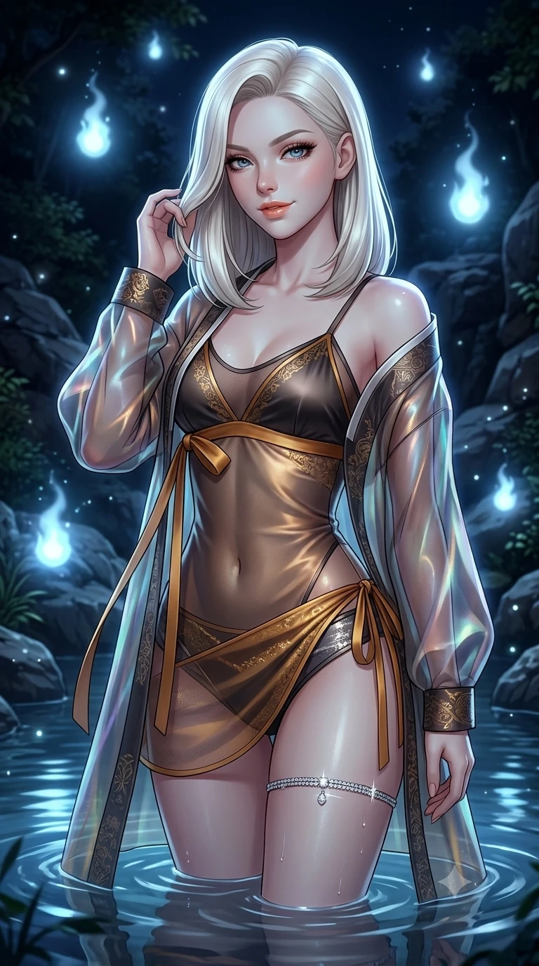 score_9, masterpiece, best quality, ultra-detailed, high-budget anime keyframe, semi-realistic 3D game render, editorial fashion photography, tasteful artistic composition, Caucasian woman. close-up cowboy shot from the waist and thighs up, the character dominates the composition, filling the frame with her large presence. gently brushing a lock of silk hair behind her ear while casting a playful, flirtatious side-gaze with long eyelashes while standing poised in the mirror-smooth shallows, looking into the camera with heavy-lidded sparkling eyes and parted glossy lips. The surrounding environment is rendered in vivid detail and crisp panoramic clarity: detailed semi-sheer gossamer hanbok slip dress cling, silk ribbon ties, and natural spring topography in razor-sharp clarity. She has an exceptionally elegant, slender, and willowy female figure with an ultra-slim waist, flat toned midriff, narrow ribcage, and sculpted feminine hips creating an alluring, slim hourglass silhouette without bulk. sharp v-shaped jawline, high-bridge nose, sparkling eyes with hypnotic seductive depth, thick curled eyelashes, glossy parted lips with a natural dewy peach sheen, alluring bedroom-eyes with an enchanting coquettish smile, exuding magnetic siren charisma and sophisticated glamour, flawlessly proportioned anatomical accuracy, strict slender model proportions, natural body alignment, perfectly sculpted long slender limbs, ultra-slim waistline, clean dynamic posture without body distortion. wearing a translucent iridescent organza durumagi robe slipping off bare shoulders over a matching satin micro-bralette and wrap briefs in smoked agarwood charcoal and warm honey amber, crafted from stretch micro-mesh with metallic foil coating that shimmers in the moonlight, accented with a delicate crystal-encrusted thigh garter strap glinting under the lights, the form-fitting cut adhering flawlessly to her sculpted flat midriff and slender torso, emphasizing her long leg lines and perfectly proportioned willowy build. surrounded by a mysterious dark spiritual aura with pale blue floating spirit fires and cool moonlight. highly saturated vibrant anime colors, detailed shading with soft gradients, rich glossy textures, high-contrast stereoscopic depth, volumetric dynamic lighting, master piece, 9:16 ratio