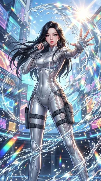 score_9, masterpiece, best quality, ultra-detailed, High-budget Anime Keyframe, beautiful Korean anime girl. Low angle cowboy shot filling the entire 9:16 frame with her overwhelming presence. Summoning a shield of water that reflects the sun with an