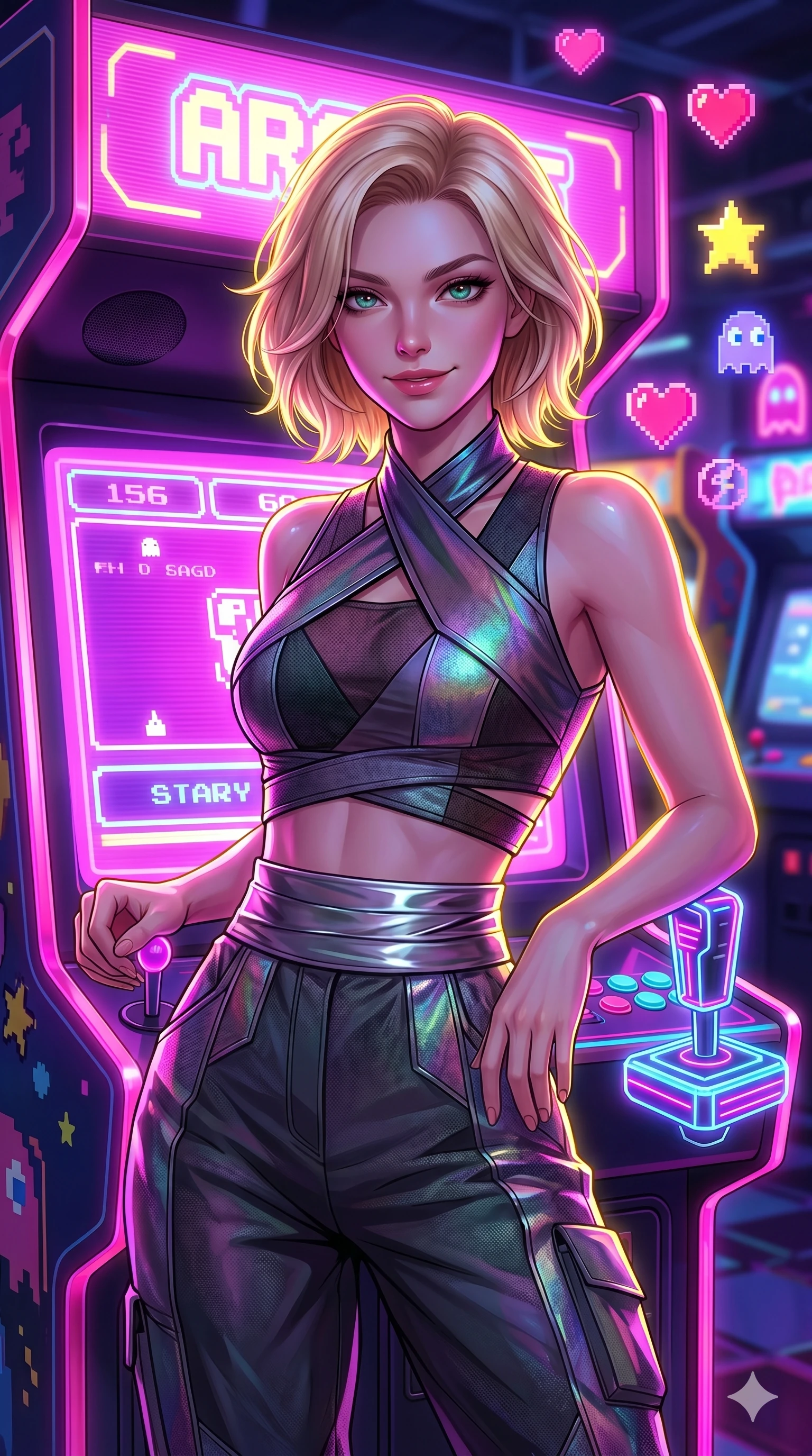 score_9, masterpiece, best quality, ultra-detailed, high-budget anime keyframe, Caucasian woman, strictly human ears. Upper body close-up from the thighs up, character filling the screen for maximum presence. She is leaning back against a glowing retro arcade cabinet, surrounded by floating pixelated neon icons. She holds a glowing joystick with a teasing, commanding smile. She has an absolutely perfect 8-heads proportion, a tall and elegant figure with a refined silhouette and a defined waistline. V-shaped jawline, high-bridge nose, intricate jewel-like eyes with depth, thick eyelashes, glossy lips with a natural sheen. She is wearing a cropped cyber-fusion wrap top with delicate textured panels, a geometric crossover collar, and a high-waisted metallic sash highlighting her defined waistline. The scene is illuminated by bright pink and violet neon screen glare and a sharp yellow ambient rim light. 2k, ultra detail, master piece, 9:16 ratio