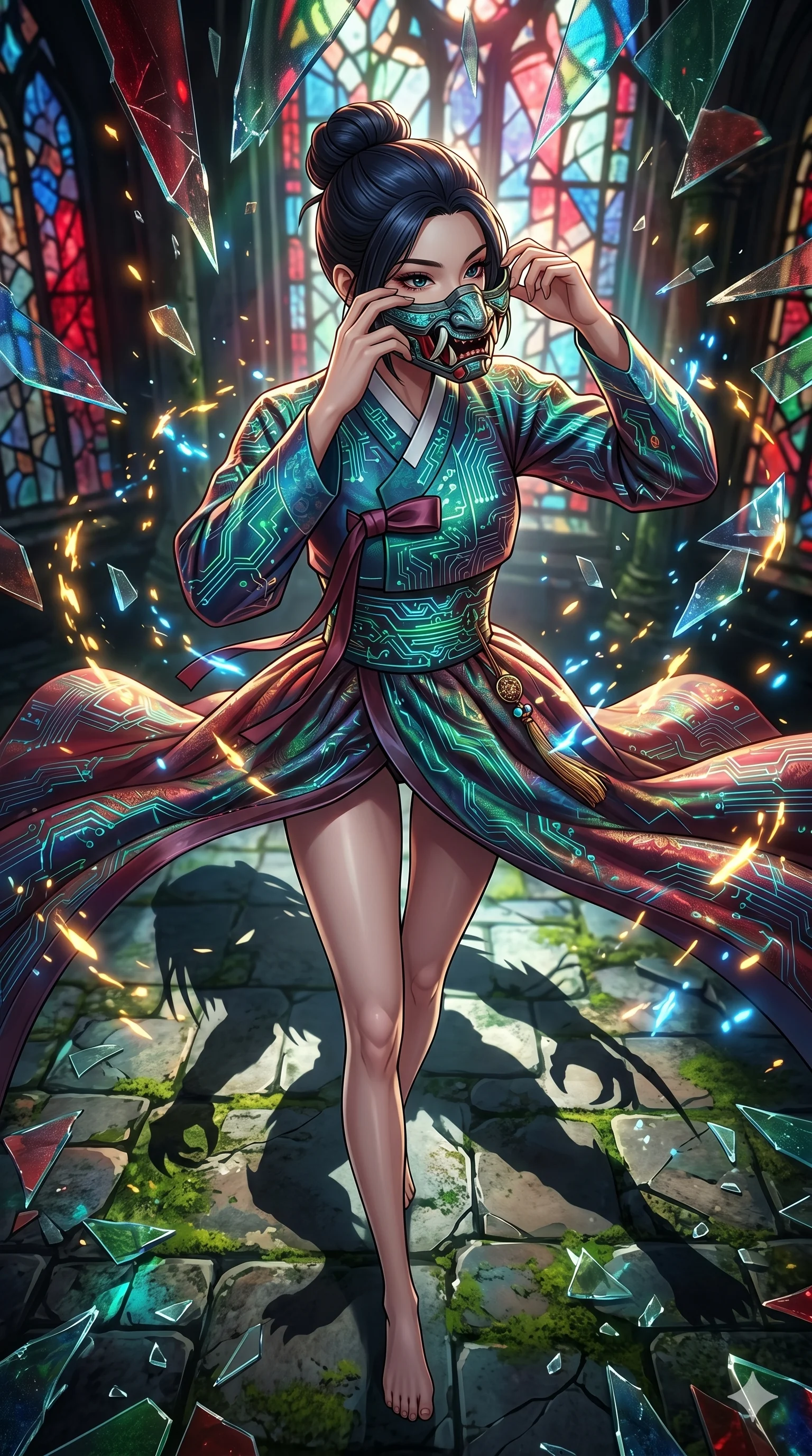 score_9, masterpiece, best quality, ultra-detailed, Set A: High-budget Anime Keyframe, Korean woman. Low angle cowboy shot filling the entire 9:16 frame with her statuesque presence. Adjusting a mask through a shattered glass cathedral, while her shadow mimics the movements of a predator 225 and surrounded by glowing energy sparks. She has an absolutely perfect 8-heads proportion, an exceptionally tall and slender female figure with impossibly long slender legs and an ultra-slim waist. Sharp v-shaped jawline, high-bridge nose, intricate jewel-like eyes with depth, thick eyelashes, glossy lips with a natural sheen. Wearing Traditional silk robe with a modern tech-twist, featuring glowing circuit patterns. Cinematic lighting, vibrant colors, dramatic shadows, 2k, ultra detail, master piece, 9:16 ratio