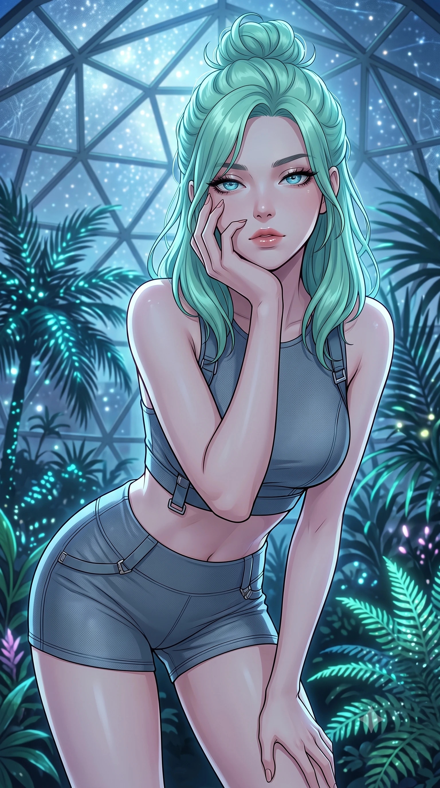 score_9, masterpiece, best quality, ultra-detailed, high-budget anime keyframe, tasteful artistic composition, Japanese woman. close-up cowboy shot from the waist and thighs up, the character dominates the composition, filling the frame with her large presence, background elements kept in soft focus. resting her chin on the backs of her fingers, casting a heavy-lidded, sultry look past the camera the background shows a soft-focus a geodesic glass greenhouse dome filled with glowing bioluminescent tropical palms. She has an exceptionally elegant, slender, and willowy female figure with an ultra-slim waist, a gracefully sculpted slender torso, and a refined silhouette. sharp v-shaped jawline, high-bridge nose, intricate jewel-like eyes with depth, thick eyelashes, glossy lips with a natural sheen. wearing a tailored body-hugging athletic crop top and high-waisted shorts set in slate grey. opal silver starlight filtering through the glass ceiling, creating a cool ambient atmosphere. highly saturated vibrant anime colors, cel-shading, 2d style, master piece, 9:16 ratio
