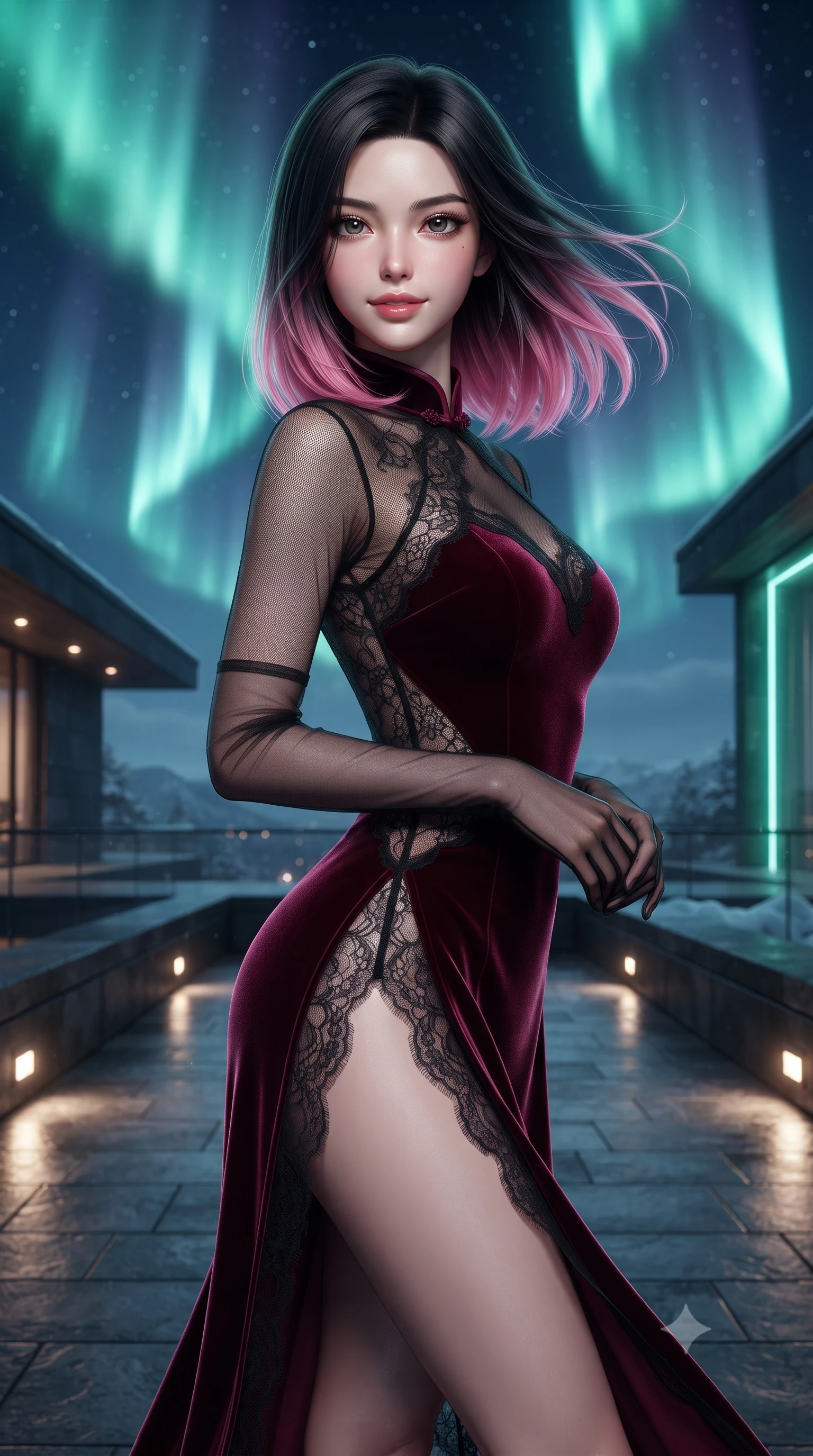 score_9, masterpiece, best quality, ultra-detailed, high-budget anime keyframe, editorial fashion photography, tasteful artistic composition, Korean woman. close-up cowboy shot from the waist and thighs up, the character dominates the composition, filling the frame with her large presence. turning slowly with an enchanting smoldering smile, her glossy hair tossing in the breeze as her hips angle gracefully in a captivating contrapposto while standing tall on the heated dark slate cantilevered deck, arching her back with regal siren poise beneath monumental waving curtains of polar aurora. The surrounding environment is rendered in vivid detail and crisp panoramic clarity: sharp heated dark slate paving texture, blackened architectural steel finishes, and natural reindeer pelt fur hair detail in deep focus. She has an exceptionally elegant, slender, and willowy female figure with an ultra-slim waist, flat toned midriff, narrow ribcage, and sculpted feminine hips creating an alluring, slim hourglass silhouette without bulk. sharp v-shaped jawline, high-bridge nose, sparkling eyes with hypnotic seductive depth, thick curled eyelashes, glossy parted lips with a natural dewy peach sheen, alluring bedroom-eyes with an enchanting coquettish smile, exuding magnetic siren charisma and sophisticated glamour, flawlessly proportioned anatomical accuracy, strict slender model proportions, natural body alignment, perfectly sculpted long slender limbs, ultra-slim waistline, clean dynamic posture without body distortion. wearing a modern cheongsam-inspired sheer mesh dress with high mandarin collar and daring hip-high double side slits in deep bordeaux velvet and delicate black chantilly, crafted from fluid liquid silk satin that clings smoothly to every curve with a dewy sheen, complemented by sheer opera-length evening gloves tracing her slender arms, the second-skin tailored fabric adhering flawlessly to her sculpted flat midriff and slender torso, emphasizing her long leg lines and perfectly proportioned willowy build. illuminated by ground-level warm slate up-lights and sharp icy-emerald rim lights defining her delicate clavicles, narrow waist, and curvy hips. ultra-reflective glossy finish, specular highlights, rich textural contrasts, high-contrast stereoscopic depth, volumetric dynamic lighting, 2k, ultra detail, master piece, 9:16 ratio