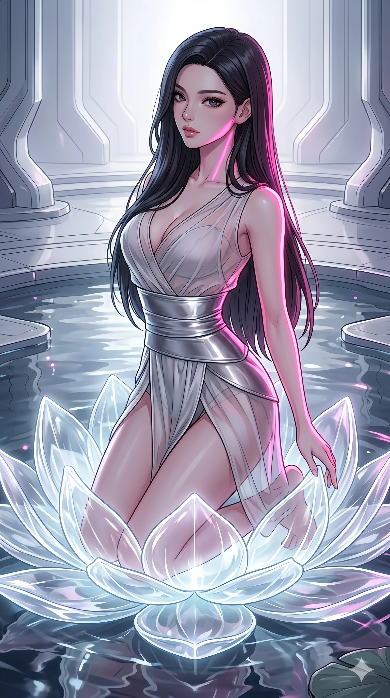 score_9, masterpiece, best quality, ultra-detailed, high-budget anime keyframe, Korean woman. Upper body close-up from the thighs up, character filling the screen for maximum presence. She is kneeling on a giant glowing glass lotus blossom floating in a tech-temple pond. She stretches forward with an alluring arch of her spine, glancing over her shoulder with thick eyelashes. She has an absolutely perfect 8-heads proportion, an exceptionally tall and slender female figure with impossibly long slender legs and an ultra-slim waist. V-shaped jawline, high-bridge nose, intricate jewel-like eyes with depth, thick eyelashes, glossy lips with a natural sheen. She is wearing a shortened cyber-fusion wrap top with transparent chiffon panels, a deep crossover neckline, and a high-waisted metallic sash that accentuates her ultra-slim waist. The scene is illuminated by soft glowing white ambient lights and sharp pink side key lights tracing her neck and waist. 2k, ultra detail, master piece, 9:16 ratio