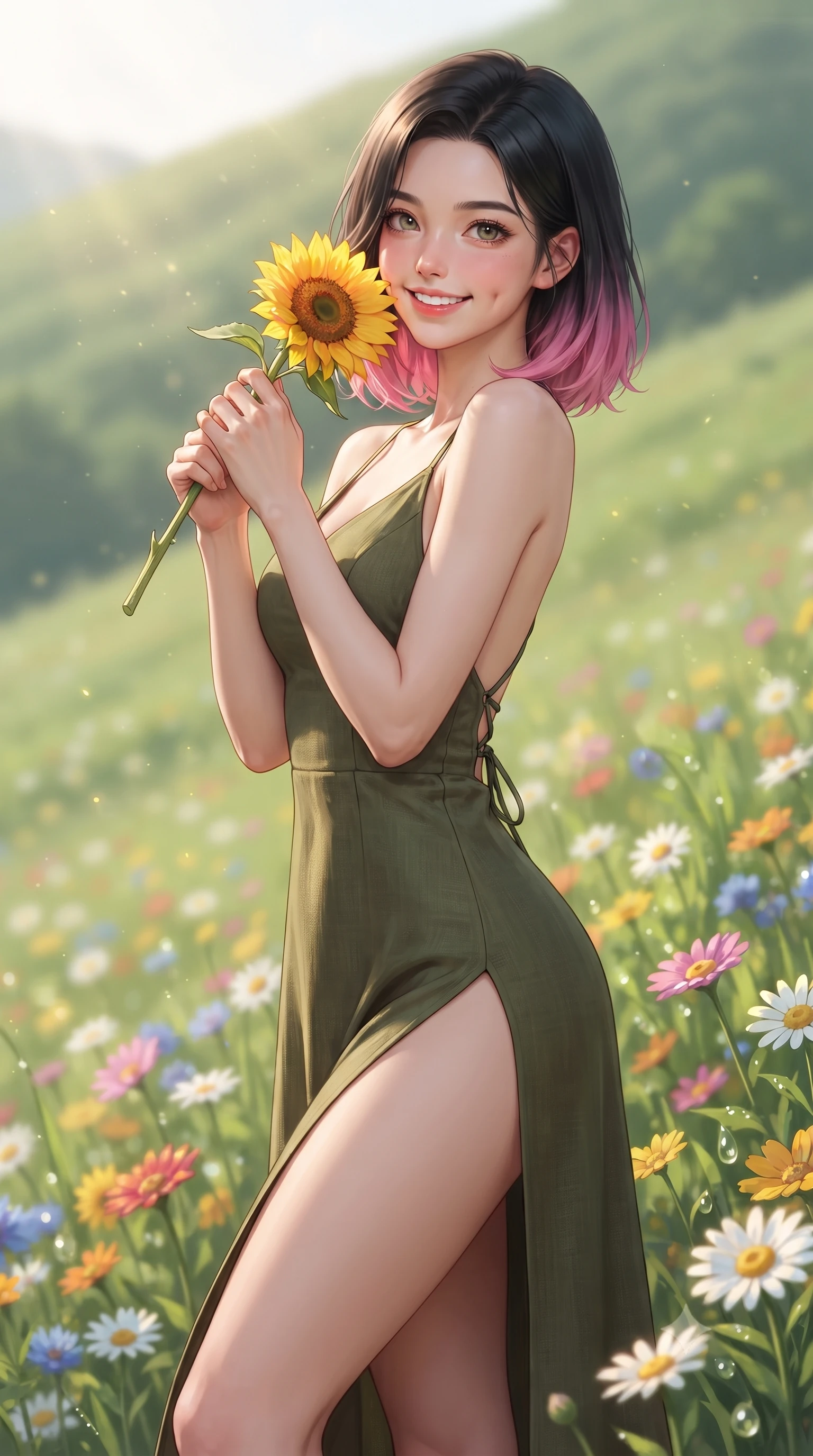 score_9, masterpiece, best quality, ultra-detailed, high-budget anime keyframe, editorial fashion photography, tasteful artistic composition, Korean woman. close-up cowboy shot from the waist and thighs up, the character dominates the composition, filling the frame with her large presence, background elements kept in soft focus. smiling with soft, cute dimples, holding a warm cup of tea with both hands set against a soft-focus background of on a gentle green hillside covered with colorful wildflowers and daisies holding a single bright sunflower with a cheerful, sunny grin. She has an exceptionally elegant, slender, and willowy female figure with an ultra-slim waist, a gracefully sculpted slender torso, and a refined silhouette. sharp v-shaped jawline, high-bridge nose, intricate jewel-like eyes with depth, thick eyelashes, glossy lips with a natural sheen. wearing form-contouring linen sundress with a daring high slit and a low-cut back design. warm morning sunbeams creating fresh dewdrop glints on the flower petals. ultra-reflective glossy finish, specular highlights, metallic sheen, high-contrast stereoscopic depth, volumetric dynamic lighting, 2k, ultra detail, master piece, 9:16 ratio