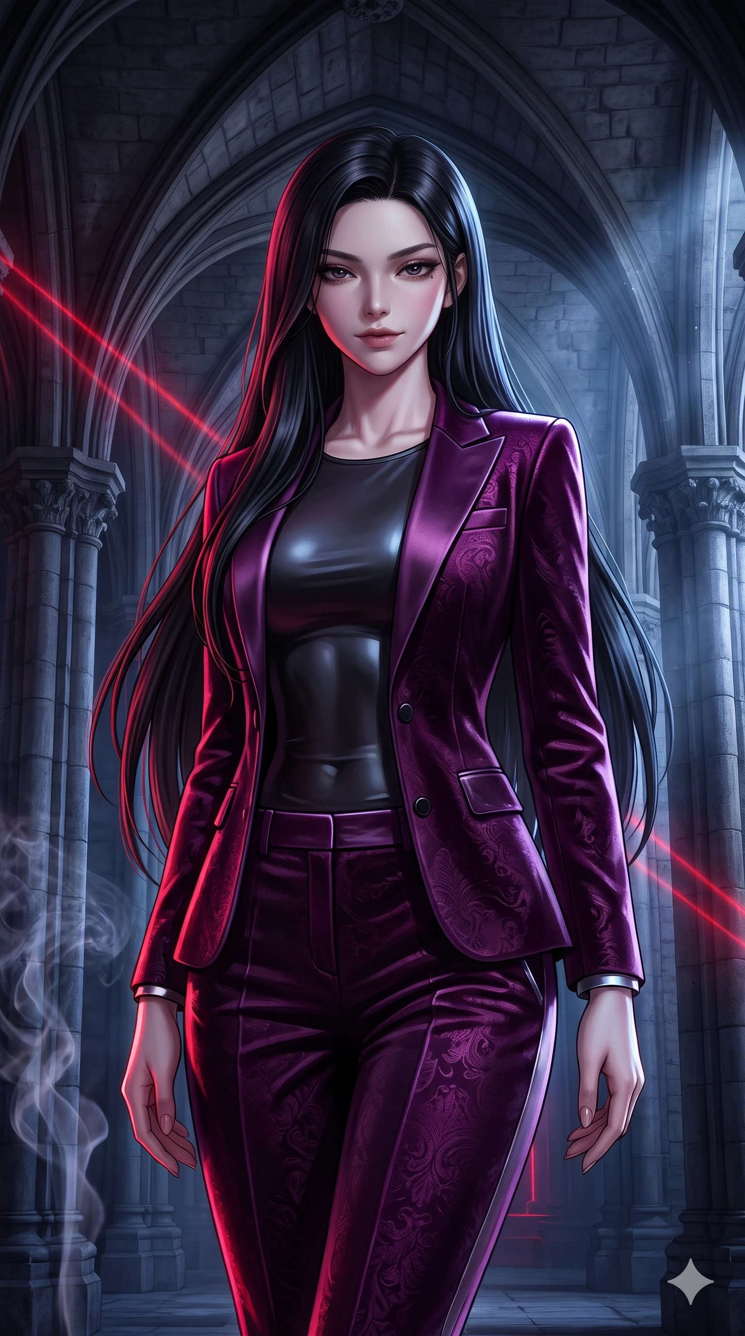 score_9, masterpiece, best quality, ultra-detailed, high-budget anime keyframe, semi-realistic 3D game render, editorial fashion photography, tasteful artistic composition, Korean woman. close-up cowboy shot from the waist and thighs up, the character dominates the composition, filling the frame with her large presence. looking down with lowered lashes and a composed, powerful dark aura, her tailored outfit tracing her curves while twisting her slender torso in an alluring contrapposto stance beneath the vaulted stone arches, moonlight and crimson laser rays tracing her curves. The surrounding environment is rendered in vivid detail and crisp panoramic clarity: detailed precision-fitted liquid vinyl dress cling, onyx hardware accents, and gothic architectural lines in razor-sharp precision. She has an exceptionally elegant, slender, and willowy female figure with an ultra-slim waist, flat toned midriff, narrow ribcage, and sculpted feminine hips creating an alluring, slim hourglass silhouette without bulk. sharp v-shaped jawline, high-bridge nose, intricate jewel-like dark sparkling eyes with hypnotic seductive depth, thick curled eyelashes, glossy parted lips with a natural wine sheen, alluring bedroom-eyes with an enigmatic smoldering smile, exuding magnetic sovereign charisma and dark avant-garde glamour, flawlessly proportioned anatomical accuracy, strict slender model proportions, natural body alignment, perfectly sculpted long slender limbs, ultra-slim waistline, clean dynamic posture without body distortion. wearing a refined dark velvet pantsuit with satin lapels and tailored cigarette trousers in royal amaranth purple and liquid platinum, tailored from rich silk jacquard with subtle embossed baroque patterns, adorned with minimalist black onyx hardware framing the silhouette, the bespoke structured tailoring following the natural line of her 8.5-heads silhouette with refined elegance. bathed in sharp crimson laser rim light piercing cold midnight shadows and incense smoke. highly saturated vibrant anime colors, detailed shading with soft gradients, rich glossy textures, high-contrast stereoscopic depth, volumetric dynamic lighting, master piece, 9:16 ratio