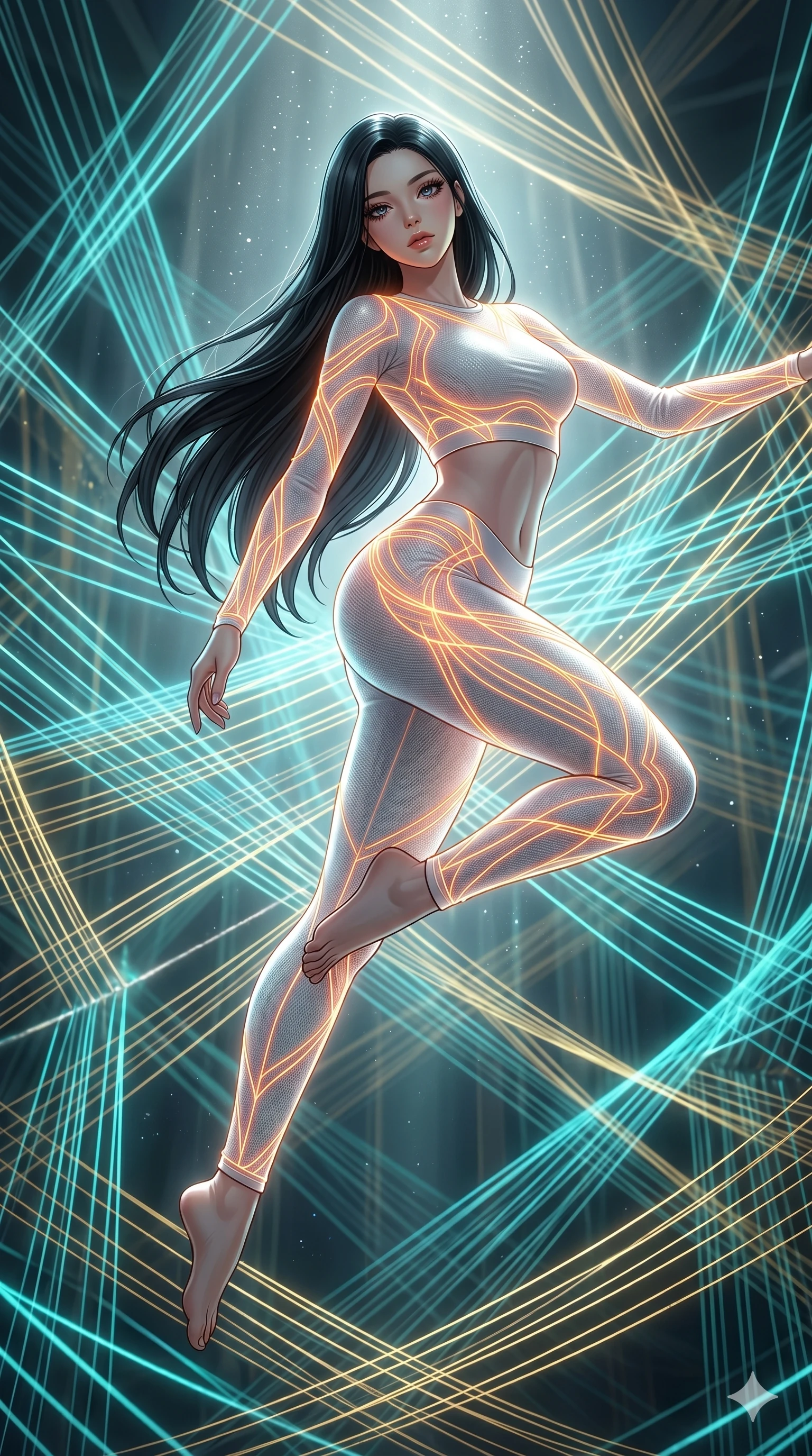 score_9, masterpiece, best quality, ultra-detailed, high-budget anime keyframe, Korean woman. low angle full-body shot filling the entire 9:16 frame with her statuesque presence, stretching the vertical silhouette. floating suspended in an ethereal loom room where millions of luminescent cyan and gold threads intersect and weave geometric patterns. She has an absolutely perfect 8-heads proportion, an exceptionally tall and slender female figure with impossibly long slender legs and an ultra-slim waist. V-shaped jawline, high-bridge nose, intricate jewel-like eyes with depth, thick eyelashes, glossy lips with a natural sheen.. wearing a neon filament athleisure set, featuring a tight white crop top and matching leggings woven with glowing orange neon filaments, highlighting her slender body contour. illuminated by dramatic chiaroscuro casting soft shadows along her curves, with vibrant backlighting highlighting the dust particles. 2k, ultra detail, master piece, 9:16 ratio