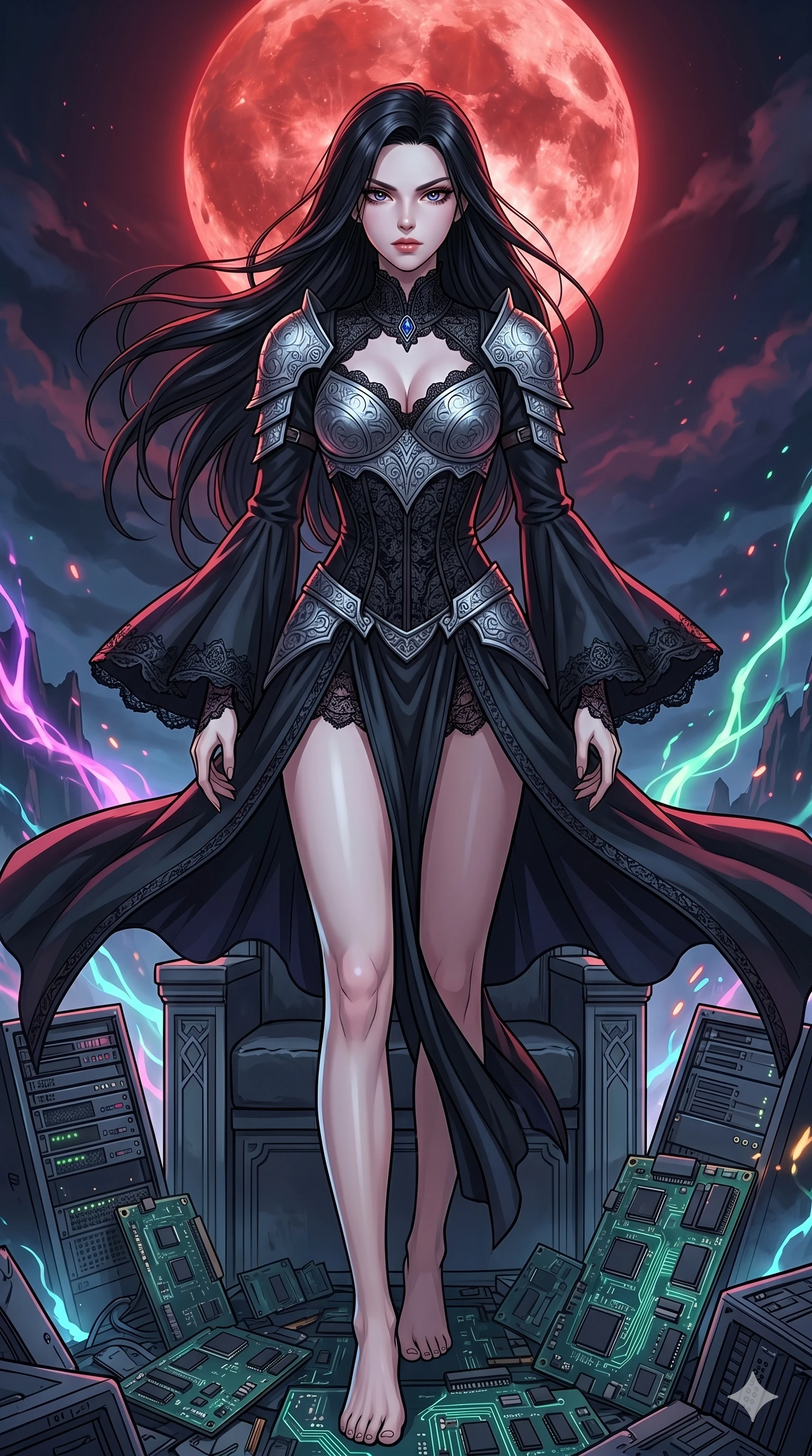 score_9, masterpiece, best quality, ultra-detailed, high-budget anime movie keyframe, cinematic anime lighting, intricate line art, Korean woman. Low angle cowboy shot capturing a powerful motion and statuesque presence. standing victorious on a throne of logic-boards under a blood moon. She has an absolutely perfect 8-heads proportion, an exceptionally tall and slender female figure with an ultra-slim waist and impossibly long slender legs. strictly human anatomy, two legs only, no extra limbs, clearly defined legs and arms, perfect anatomy, perfect hands and fingers. sharp v-shaped jawline, high-bridge nose, intricate jewel-like eyes, thick eyelashes, glossy lips. Wearing Dark Fantasy: Gothic lace corset gown, bell-sleeved sorceress robes, and engraved silver plate armor over silk. The scene is illuminated by dramatic atmospheric lighting and vibrant color palettes. , 2k, ultra detail, master piece, 9:16 ratio