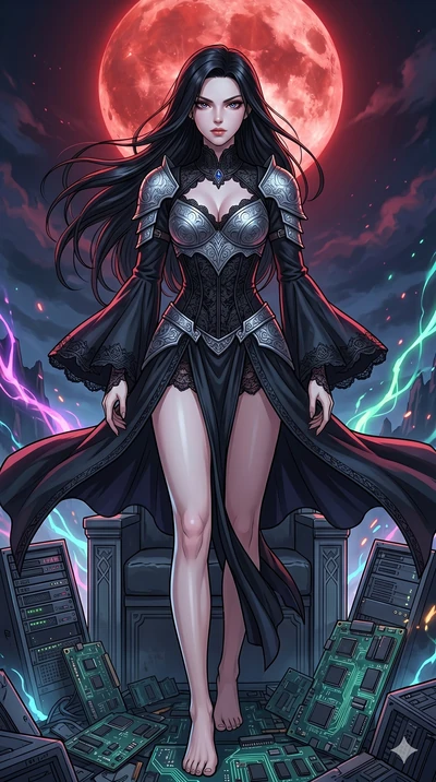 score_9, masterpiece, best quality, ultra-detailed, high-budget anime movie keyframe, cinematic anime lighting, intricate line art, Korean woman. Low angle cowboy shot capturing a powerful motion and statuesque presence. standing victorious on a thro