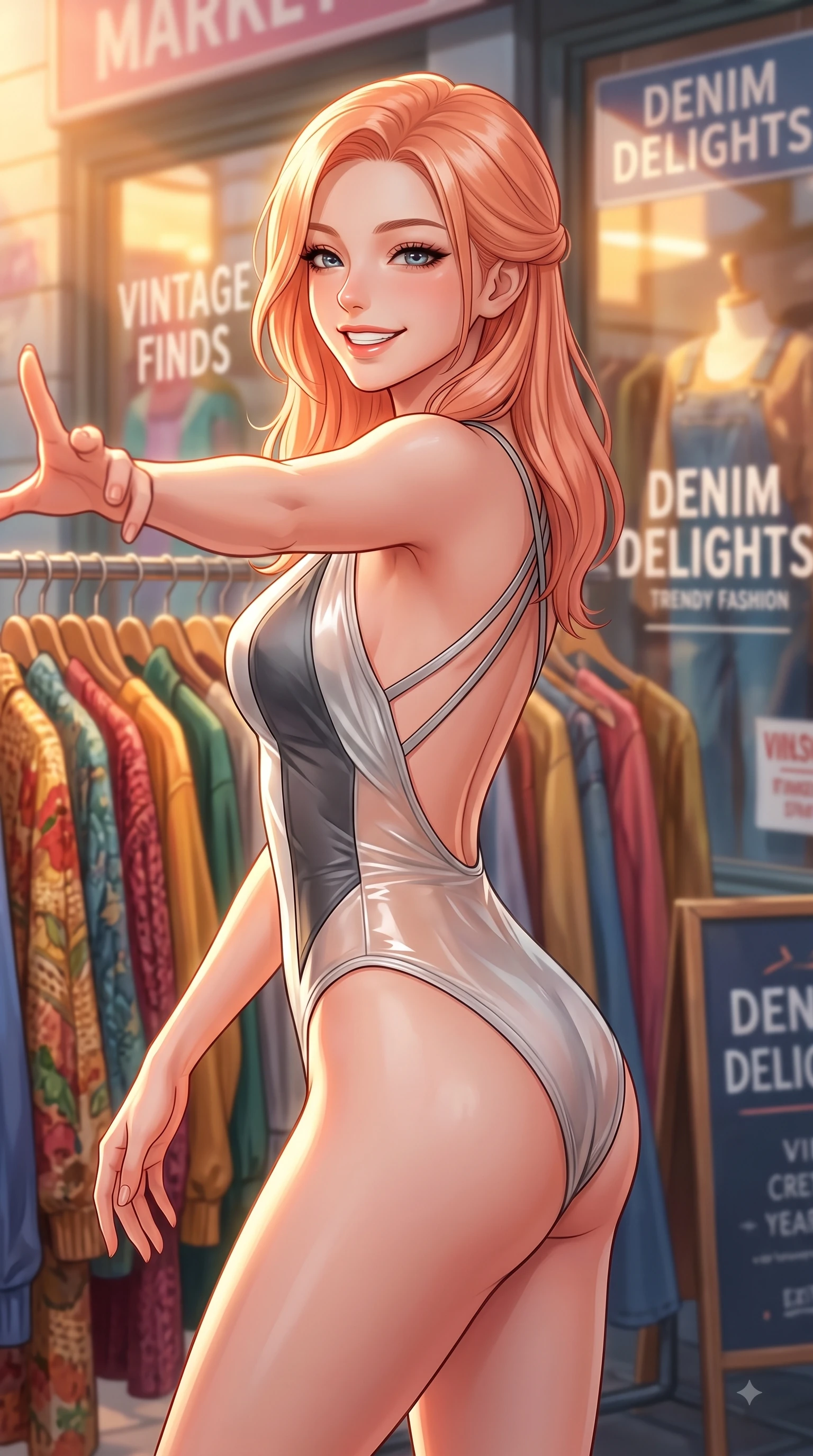 score_9, masterpiece, best quality, ultra-detailed, high-budget anime keyframe, editorial fashion photography, tasteful artistic composition, Japanese woman. close-up cowboy shot from the waist and thighs up, the character dominates the composition, filling the frame with her large presence, background elements kept in soft focus. Radiant youthful grin reflecting college charm while casting a playful, joyful side-gaze with heavy lashes while reaching one arm out playfully toward the camera while browsing a outdoor vintage clothing rack, trendy fashion window displays reflecting golden afternoon sunlight vividly. She has an exceptionally elegant, slender, and willowy female figure with an ultra-slim waist, a gracefully sculpted slender torso, and a refined silhouette. sharp v-shaped jawline, high-bridge nose, intricate jewel-like eyes with depth, thick eyelashes, glossy lips with a natural sheen, flawlessly proportioned anatomical accuracy, natural body alignment, perfectly sculpted elegant limbs, clean dynamic posture without body distortion. wearing a high-cut translucent vinyl leotard with front paneling and open back in charcoal grey and platinum, crafted from smooth liquid silk, complemented by criss-cross back straps highlighting her bare shoulders, the elegant draped fit framing her graceful clavicle and slender torso. bathed in bright golden hour sunshine and warm urban ambient illumination. highly saturated vibrant anime colors, detailed shading with soft gradients, rich glossy textures, high-contrast stereoscopic depth, volumetric dynamic lighting, master piece, 9:16 ratio