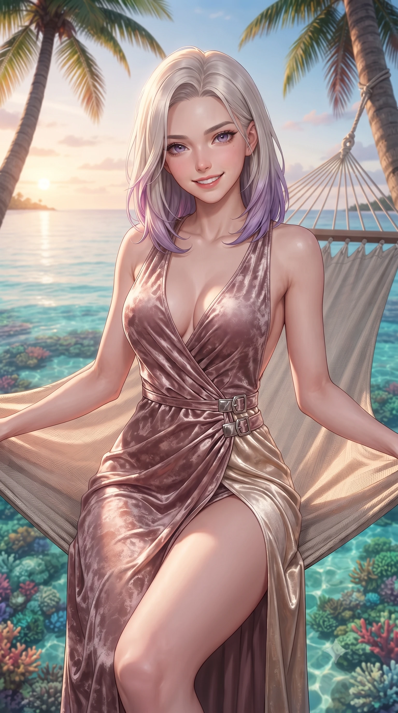 score_9, masterpiece, best quality, ultra-detailed, high-budget anime keyframe, editorial fashion photography, tasteful artistic composition, Caucasian woman. close-up cowboy shot from the waist and thighs up, the character dominates the composition, filling the frame with her large presence, background elements kept in soft focus. Smiling with quiet, magnetic self-assurance directly into the lens resting on a sea-facing hammock suspended between two coconut trees at sunset, crystal-clear water revealing vibrant coral reefs beneath the surface. She has an exceptionally elegant, slender, and willowy female figure with an ultra-slim waist, a gracefully sculpted slender torso, and a refined silhouette. sharp v-shaped jawline, high-bridge nose, intricate jewel-like eyes with depth, thick eyelashes, glossy lips with a natural sheen. wearing a backless crushed velvet gown with a deep V-neckline and high thigh slit in dusty rose and champagne gold, crafted from lustrous satin jersey with fluid draping, detailed with polished silver buckles along the waistline, the elegant draped fit framing her graceful clavicle and slender torso. surrounded by a bright, pristine beach ambiance with sharp specular highlights. ultra-reflective glossy finish, specular highlights, metallic sheen, high-contrast stereoscopic depth, volumetric dynamic lighting, 2k, ultra detail, master piece, 9:16 ratio