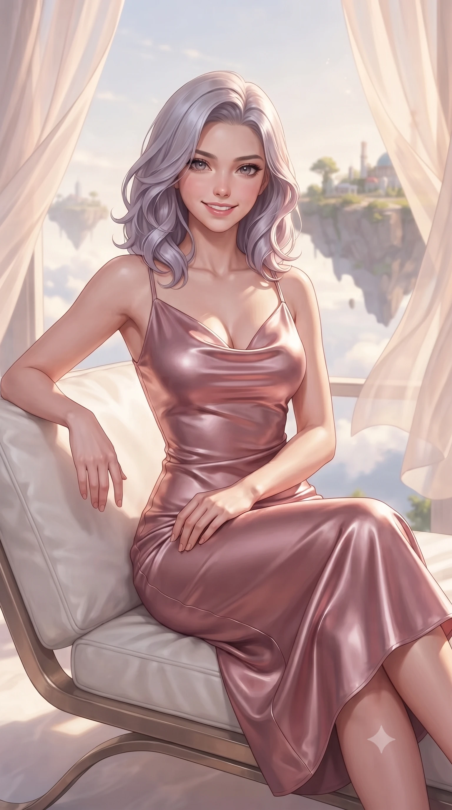 score_9, masterpiece, best quality, ultra-detailed, high-budget anime keyframe, editorial fashion photography, tasteful artistic composition, Caucasian woman. close-up cowboy shot from the waist and thighs up, the character dominates the composition, filling the frame with her large presence, background elements kept in soft focus. Smiling with quiet, magnetic self-assurance directly into the lens resting on a luxurious white lounge chair overlooking a floating sky island, translucent silk curtains drifting lazily in a warm sky breeze. She has an exceptionally elegant, slender, and willowy female figure with an ultra-slim waist, a gracefully sculpted slender torso, and a refined silhouette. sharp v-shaped jawline, high-bridge nose, intricate jewel-like eyes with depth, thick eyelashes, glossy lips with a natural sheen. wearing an elegant cowl-neck satin midi dress in dusty rose with a graceful draped neckline, the glove-like fit emphasizing her statuesque silhouette. lit by brilliant warm key light softening into smooth, elegant gradients. ultra-reflective glossy finish, specular highlights, metallic sheen, high-contrast stereoscopic depth, volumetric dynamic lighting, 2k, ultra detail, master piece, 9:16 ratio