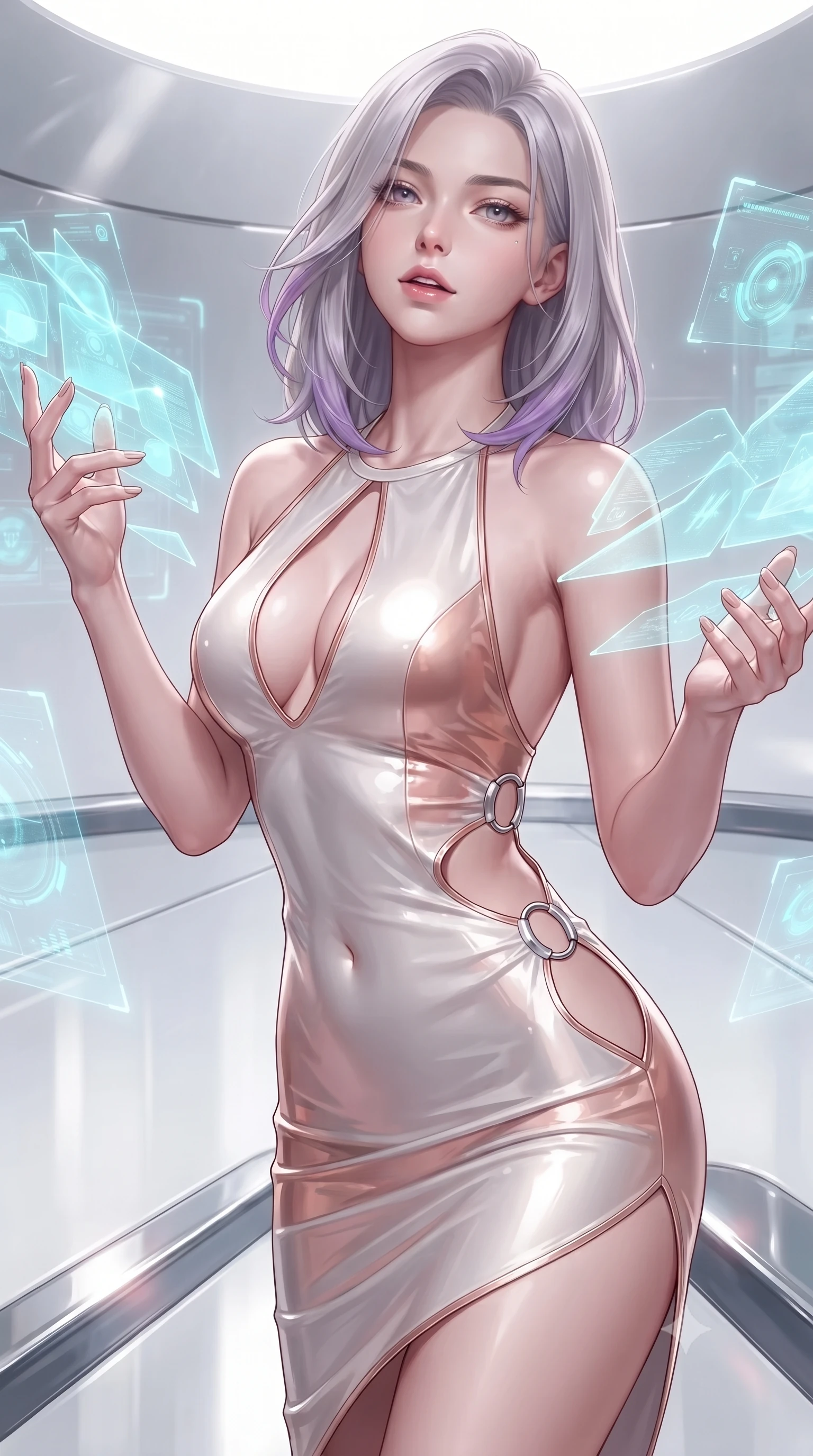 score_9, masterpiece, best quality, ultra-detailed, high-budget anime keyframe, editorial fashion photography, tasteful artistic composition, Caucasian woman. close-up cowboy shot from the waist and thighs up, the character dominates the composition, filling the frame with her large presence, background elements kept in soft focus. Tilting her chin up slightly with lips parted in a magnetic, composed expression manipulating floating translucent cyan hologram data shards in a void, sleek reflective white and chrome surfaces emphasizing ultra-clean lines. She has an exceptionally elegant, slender, and willowy female figure with an ultra-slim waist, a gracefully sculpted slender torso, and a refined silhouette. sharp v-shaped jawline, high-bridge nose, intricate jewel-like eyes with depth, thick eyelashes, glossy lips with a natural sheen. wearing a deep-scoop halter bodycon dress with hip cutouts connected by silver rings in pearl white and rose gold, tailored from high-gloss patent leather, accented with a Tasteful chest slit framing her clavicle gracefully, the elegant draped fit framing her graceful clavicle and slender torso. illuminated by radiant cosmic nebula light and glowing holographic displays. ultra-reflective glossy finish, specular highlights, metallic sheen, high-contrast stereoscopic depth, volumetric dynamic lighting, 2k, ultra detail, master piece, 9:16 ratio