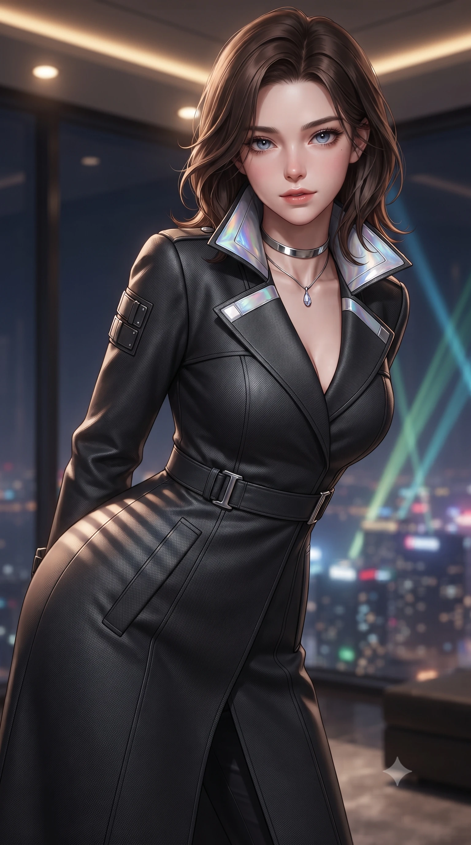 score_9, masterpiece, best quality, ultra-detailed, high-budget anime keyframe, editorial fashion photography, tasteful artistic composition, Korean woman. close-up cowboy shot from the waist and thighs up, the character dominates the composition, filling the frame with her large presence. leaning forward while arching her lower back to accentuate her curvy hips, looking into the camera with an intoxicating smoldering gaze and bedroom-eyes while twisting her slender torso in an alluring contrapposto stance, distant laser sky-beams casting architectural shadow lines across her narrow waist and hips. The background shows a soft-focus condensing window mist softened in ultra-luxury high-altitude command penthouse shallow focus. She has an exceptionally elegant, slender, and willowy female figure with an ultra-slim waist, flat toned midriff, narrow ribcage, and sculpted feminine hips creating an alluring, slim hourglass silhouette without bulk. sharp v-shaped jawline, high-bridge nose, intricate jewel-like sparkling eyes with depth, thick eyelashes, glossy parted lips with a natural peach sheen, bright cheerful beaming smile with an enchanting and coquettish sensual glint, exuding both youthful cute charm and seductive allure, flawlessly proportioned anatomical accuracy, strict slender model proportions, natural body alignment, perfectly sculpted long slender limbs, ultra-slim waistline, clean dynamic posture without body distortion. wearing a bespoke tactical commander trench coat in matte carbon-weave with magnetic utility buckles, storm flaps, and high standing collar in iridescent mother-of-pearl and liquid molten silver, crafted from bespoke double-faced cashmere with an exceptionally soft tactile finish, finished with a minimalist chrome choker and a single teardrop diamond pendant, the bespoke structured tailoring following the natural line of her 8.5-heads silhouette with refined elegance. bathed in warm 2700K recessed ceiling spotlights combined with the cool multi-colored nightscape radiance of the harbor. ultra-reflective glossy finish, specular highlights, rich textural contrasts, high-contrast stereoscopic depth, volumetric dynamic lighting, 2k, ultra detail, master piece, 9:16 ratio