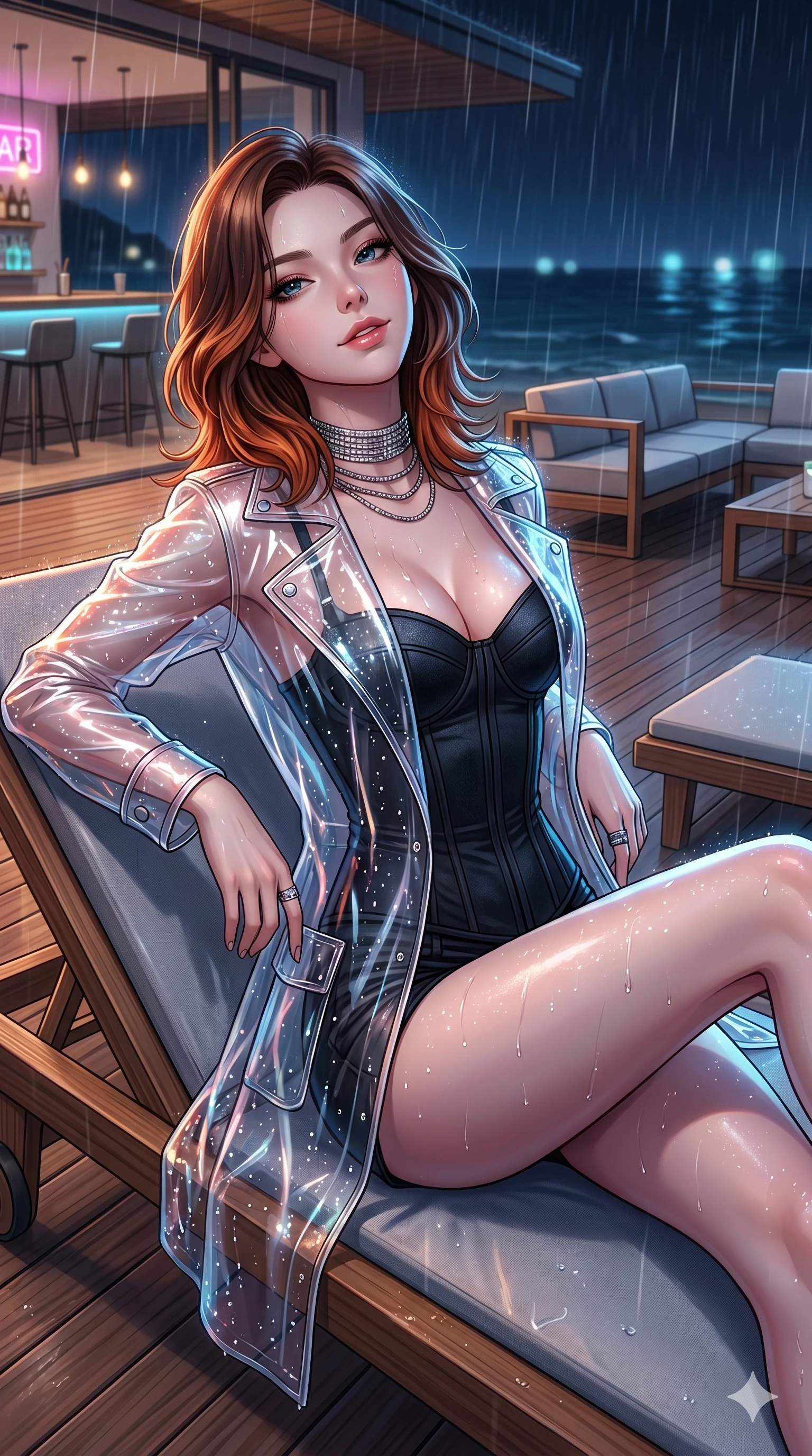 score_9, masterpiece, best quality, ultra-detailed, high-budget anime keyframe, editorial fashion photography, tasteful artistic composition, Korean woman. cowboy shot from the thighs up, character and outfit filling the frame for maximum editorial presence. leaning back on a lounge chair, tilting her chin up with a confident half-smile on a teak deck of a luxury beach villa (Code-P17-139). She has an absolutely perfect 8-heads proportion, an exceptionally tall and slender female figure with impossibly long slender legs and an ultra-slim waist. V-shaped jawline, high-bridge nose, intricate jewel-like eyes with depth, thick eyelashes, glossy lips with a natural sheen. wearing a transparent PVC jacket worn over a structured black corset and shorts. neon lights refracting through the rain droplets, creating a sparkling, wet glow on her. 2k, ultra detail, master piece, 9:16 ratio