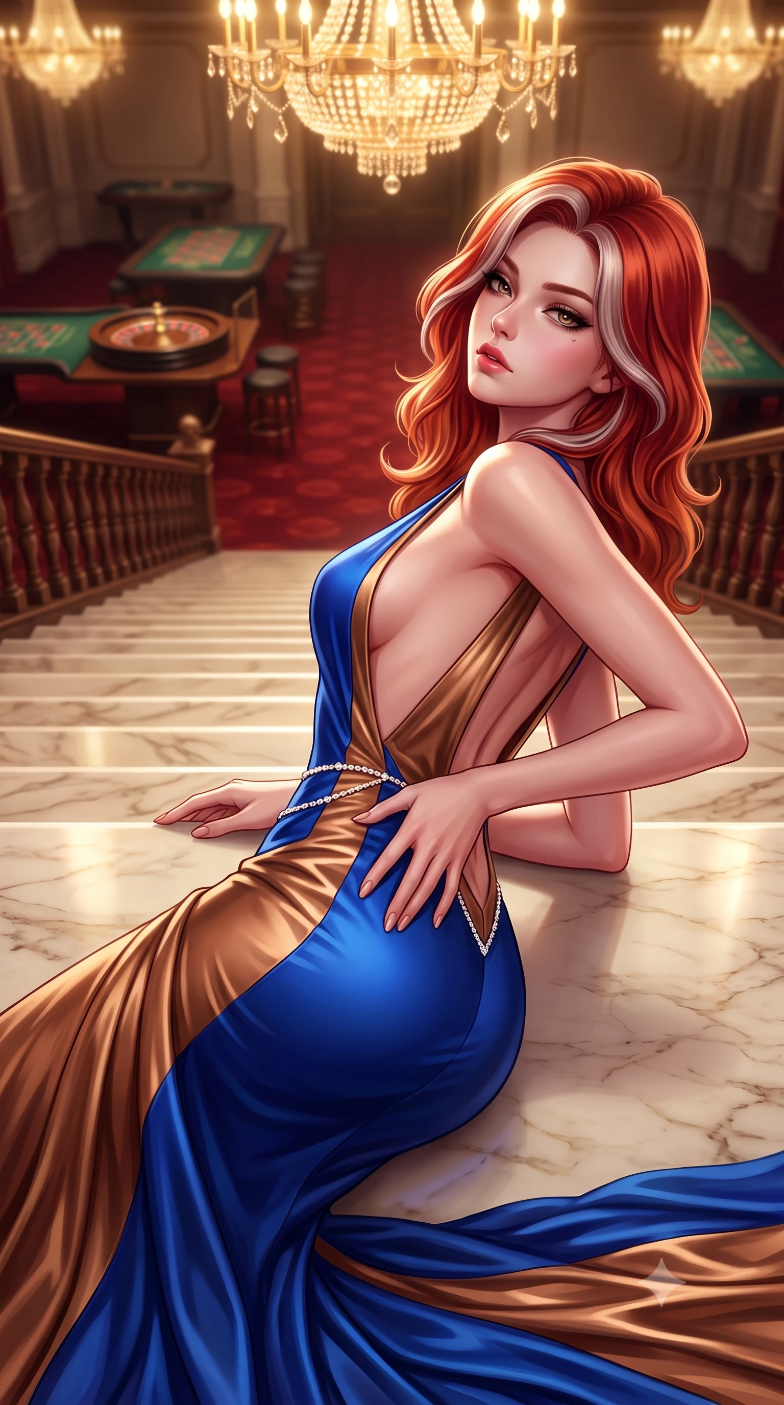 score_9, masterpiece, best quality, ultra-detailed, high-budget anime keyframe, semi-realistic 3D game render, editorial fashion photography, tasteful artistic composition, Caucasian woman. close-up cowboy shot from the waist and thighs up, the character dominates the composition, filling the frame with her large presence. tilting her chin up with proud, sovereign allure while gazing through thick eyelashes, one hand resting on her waist in pure supermodel charisma while reclining on the broad marble stair landing propped on one elbow, her long slender legs and sculpted waist commanding the opulent Belle Époque space. The composition keeps background elements in soft focus with creamy bokeh. distant velvet gaming tables and roulette wheels softened in glamorous high-roller shallow focus. She has an exceptionally elegant, slender, and willowy female figure with an ultra-slim waist, flat toned midriff, narrow ribcage, and sculpted feminine hips creating an alluring, slim hourglass silhouette without bulk. sharp v-shaped jawline, high-bridge nose, intricate jewel-like eyes with depth, thick eyelashes, glossy parted lips with a natural sheen, intensely captivating and seductive bedroom-eyes expression, flawlessly proportioned anatomical accuracy, strict slender model proportions, natural body alignment, perfectly sculpted long slender limbs, ultra-slim waistline, clean dynamic posture without body distortion. wearing a liquid-silk jersey evening gown with an ultra-deep plunging open back descending to the base of her spine and a sculpted hip-hugging skirt in royal sapphire blue and liquid bronze, tailored from ultra-smooth duchess satin with a pearlescent sheen, accented with a dainty diamond waist chain catching the ambient light reflections, the dramatically scooped open back descending to the base of her spine, accentuating her razor-sharp statuesque lines and slim hourglass silhouette. bathed in opulent golden crystal chandelier downlights contrasting with warm carpet bounce fill. highly saturated vibrant anime colors, detailed shading with soft gradients, rich glossy textures, high-contrast stereoscopic depth, volumetric dynamic lighting, master piece, 9:16 ratio
