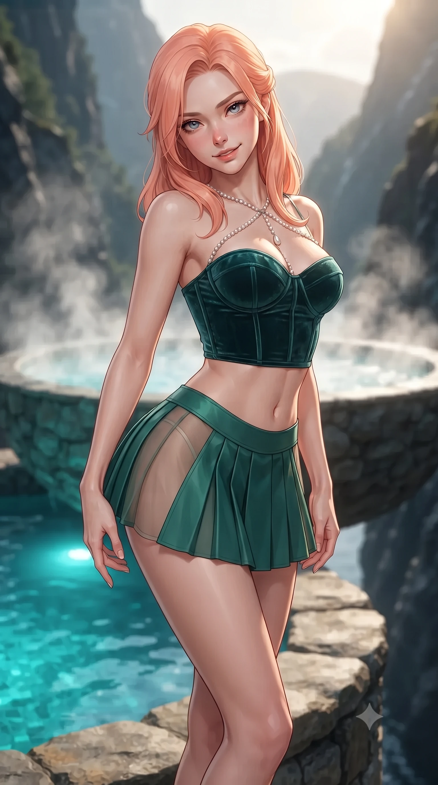 score_9, masterpiece, best quality, ultra-detailed, high-budget anime keyframe, editorial fashion photography, tasteful artistic composition, Japanese woman. close-up cowboy shot from the waist and thighs up, the character dominates the composition, filling the frame with her large presence. tilting her head with a teasing half-smile, running one hand slowly down the side of her hip in a flirtatious S-curve as ambient light caresses her silhouette while standing poised on the natural stone ledge beside the steaming infinity hot tub suspended above the impossibly narrow Trollfjord entrance, arching her spine with wet-look siren charisma. The background shows a soft-focus billowing thermal hot tub steam softened in dramatic Nordic canyon hideaway shallow focus. She has an exceptionally elegant, slender, and willowy female figure with an ultra-slim waist, flat toned midriff, narrow ribcage, and sculpted feminine hips creating an alluring, slim hourglass silhouette without bulk. sharp v-shaped jawline, high-bridge nose, intricate jewel-like sparkling eyes with depth, thick eyelashes, glossy parted lips with a natural peach sheen, bright cheerful beaming smile with an enchanting and coquettish sensual glint, exuding both youthful cute charm and seductive allure, flawlessly proportioned anatomical accuracy, strict slender model proportions, natural body alignment, perfectly sculpted long slender limbs, ultra-slim waistline, clean dynamic posture without body distortion. wearing a structured boned velvet bustier top paired with an ultra-short low-rise pleated micro mini skirt in Mayan cenote emerald jade and subterranean limestone cream, featuring strategic sheer-illusion tulle side panels framing her ribcage and hips, accented with a pearl-drop body harness subtly framing her dewy collarbones and spine, the impeccably tailored cut draping gracefully along her slender figure with aristocratic poise. bathed in underwater pool turquoise LEDs combined with golden late-evening sun filtering between narrow mountain gaps. ultra-reflective glossy finish, specular highlights, rich textural contrasts, high-contrast stereoscopic depth, volumetric dynamic lighting, 2k, ultra detail, master piece, 9:16 ratio
