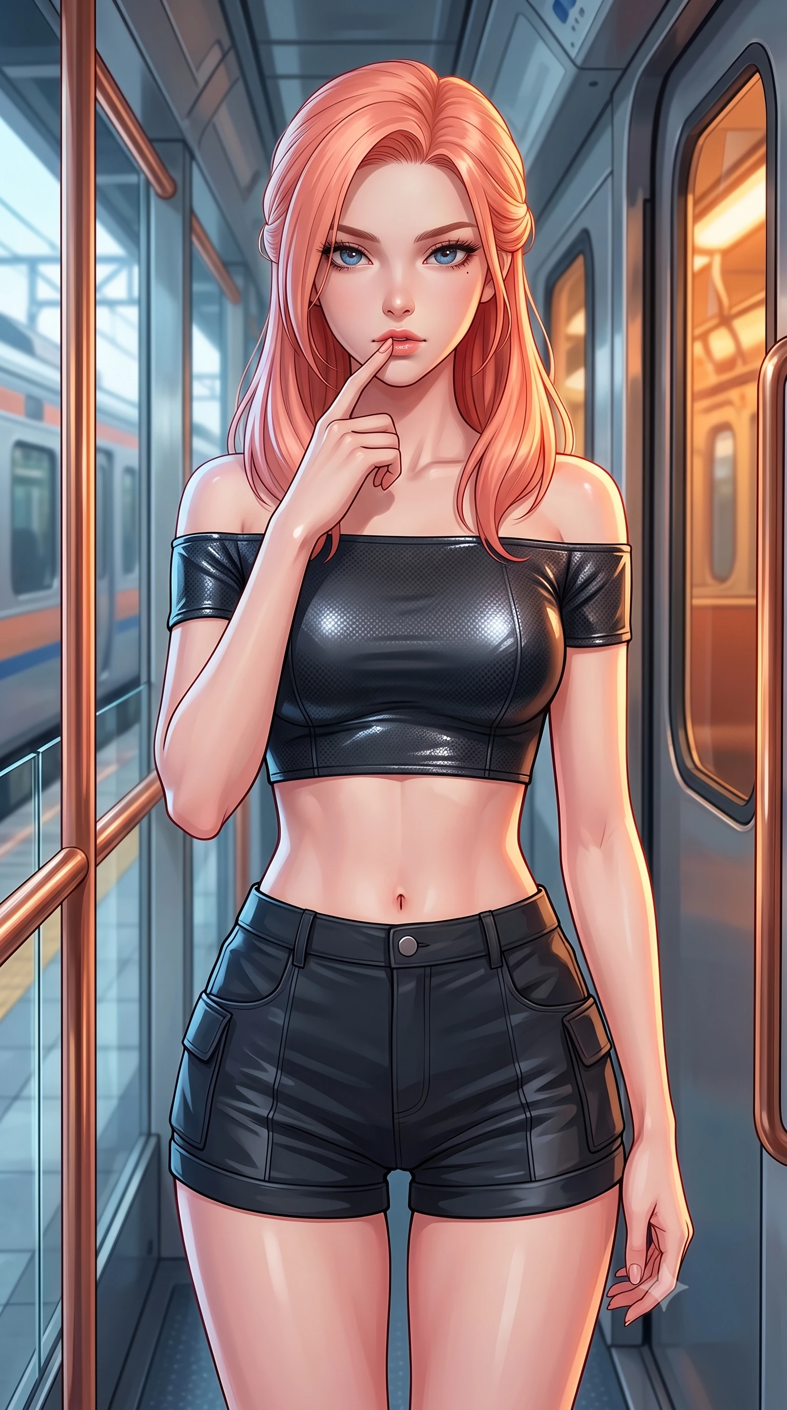 score_9, masterpiece, best quality, ultra-detailed, high-budget anime keyframe, editorial fashion photography, tasteful artistic composition, Japanese woman. close-up cowboy shot from the waist and thighs up, the character dominates the composition, filling the frame with her large presence, background elements kept in soft focus. pressing one finger to her bottom lip in a thoughtful, composed gesture, locking eyes with the viewer, the background shows a soft-focus a train platform vestibule with copper handrails and glass panels. She has an exceptionally elegant, slender, and willowy female figure with an ultra-slim waist, a gracefully sculpted slender torso, and a refined silhouette. sharp v-shaped jawline, high-bridge nose, intricate jewel-like eyes with depth, thick eyelashes, glossy lips with a natural sheen. wearing a form-contouring chic off-shoulder carbon-plate crop top, paired with high-waisted utility micro-shorts. cool ambient daylight contrasting with warm amber light from train cabin. highly saturated vibrant anime colors, detailed shading with soft gradients, rich glossy textures, high-contrast stereoscopic depth, volumetric dynamic lighting, master piece, 9:16 ratio