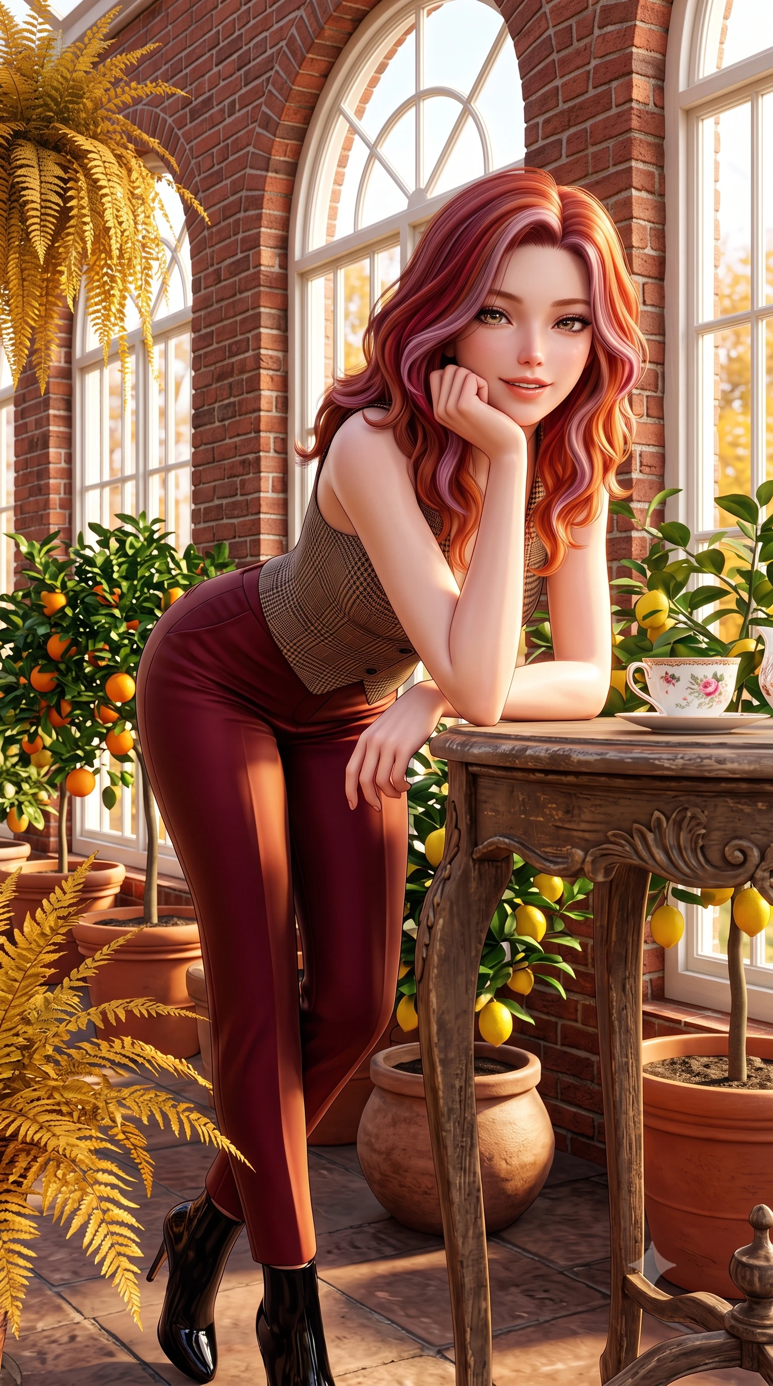 score_9, masterpiece, best quality, ultra-detailed, high-budget anime keyframe, semi-realistic 3D game render, editorial fashion photography, tasteful artistic composition, Caucasian woman. close-up cowboy shot from the waist and thighs up, the character dominates the composition, filling the frame with her large presence. resting one elbow on the table and supporting her chin, leaning close to the camera with heavy-lidded sparkling eyes and parted lips while standing amidst potted citrus trees and cascading golden ferns inside the historic brick orangery, smiling warmly at the camera. The surrounding environment is rendered in vivid detail and crisp panoramic clarity: sharp red-brick masonry relief, delicate white painted window mullions, and fine porcelain teacup glaze in deep focus. She has an exceptionally elegant, slender, and willowy female figure with an ultra-slim waist, flat toned midriff, narrow ribcage, and sculpted feminine hips creating an alluring, slim hourglass silhouette without bulk. sharp v-shaped jawline, high-bridge nose, intricate jewel-like sparkling eyes with depth, thick eyelashes, glossy parted lips with a natural peach sheen, bright cheerful beaming smile with an enchanting and coquettish sensual glint, exuding both youthful cute charm and seductive allure, flawlessly proportioned anatomical accuracy, strict slender model proportions, natural body alignment, perfectly sculpted long slender limbs, ultra-slim waistline, clean dynamic posture without body distortion. wearing a sleek Prince of Wales check tailored vest bodice hugging her torso, paired with matching ultra-high-rise cigarette trousers in rich Oxford burgundy and golden amber, woven from fluid liquid silk jersey that clings smoothly to her narrow waist and rounded hips with a dewy sheen, complemented by sleek patent leather stiletto ankle boots accentuating her long slender calves, the second-skin tailored fabric adhering flawlessly to her sculpted flat midriff and slender torso, emphasizing her long leg lines and perfectly proportioned willowy build. bathed in warm 3200K autumn sunlight streaming through floor-to-ceiling arched south-facing conservatory windows. highly saturated vibrant anime colors, detailed shading with soft gradients, rich glossy textures, high-contrast stereoscopic depth, volumetric dynamic lighting, master piece, 9:16 ratio