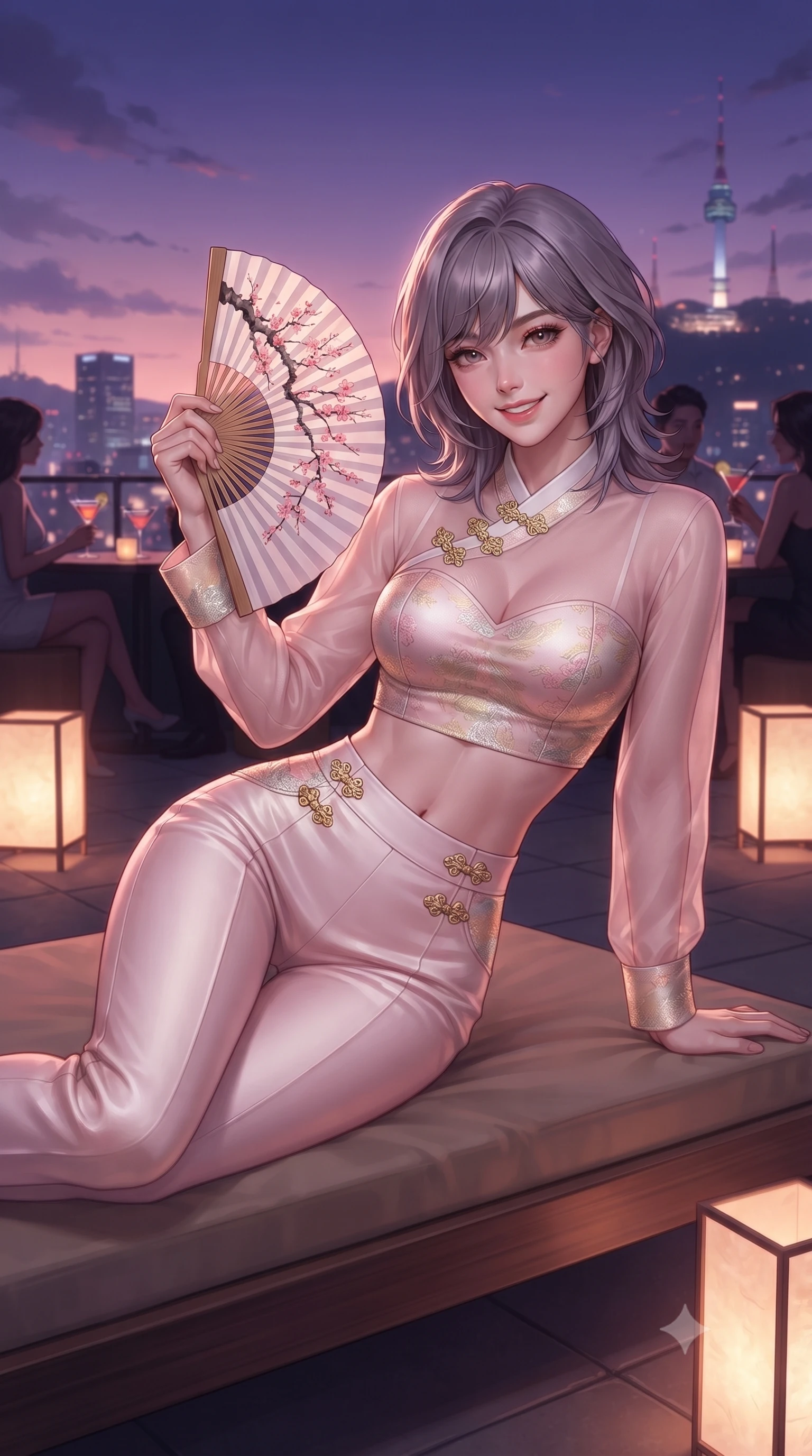 score_9, masterpiece, best quality, ultra-detailed, high-budget anime keyframe, editorial fashion photography, tasteful artistic composition, Japanese woman. close-up cowboy shot from the waist and thighs up, the character dominates the composition, filling the frame with her large presence. playfully unfurling a painted silk fan toward the lens, her radiant smile capturing fresh girlhood charm while her arched torso reveals an intoxicating hip contour while lounging on an outdoor low wooden daybed propped on one elbow with one knee bent, her flat midriff and hourglass curves radiant in twilight glow. The background shows a soft-focus glowing hanji paper floor lanterns and chic rooftop cocktail patrons softened in trendy Seoul shallow focus. She has an exceptionally elegant, slender, and willowy female figure with an ultra-slim waist, flat toned midriff, narrow ribcage, and sculpted feminine hips creating an alluring, slim hourglass silhouette without bulk. sharp v-shaped jawline, high-bridge nose, intricate jewel-like dark sparkling almond eyes with depth, thick lashes, glossy parted lips with a natural rose-plum sheen, bright alluring and coquettish smile with bedroom-eyes, exuding both timeless oriental elegance and sovereign high-fashion allure, flawlessly proportioned anatomical accuracy, strict slender model proportions, natural body alignment, perfectly sculpted long slender limbs, ultra-slim waistline, clean dynamic posture without body distortion. wearing a sheer technical mesh and silk hanbok blouse worn over a sculpted sweetheart bustier with high-waisted tailored silk trousers in soft cherry blossom pink and pearlescent ivory, woven from metallic gold and silver thread casting subtle starlight glints, accented with intricate gold frog buttons and a delicate mandarin collar, the glove-like silhouette tightly following the natural contour of her hips and long slender legs with youthful 8.5-heads elegance. bathed in glowing violet and rose-gold twilight sky radiance contrasting with warm rooftop lanterns. ultra-reflective glossy finish, specular highlights, rich textural contrasts, high-contrast stereoscopic depth, volumetric dynamic lighting, 2k, ultra detail, master piece, 9:16 ratio