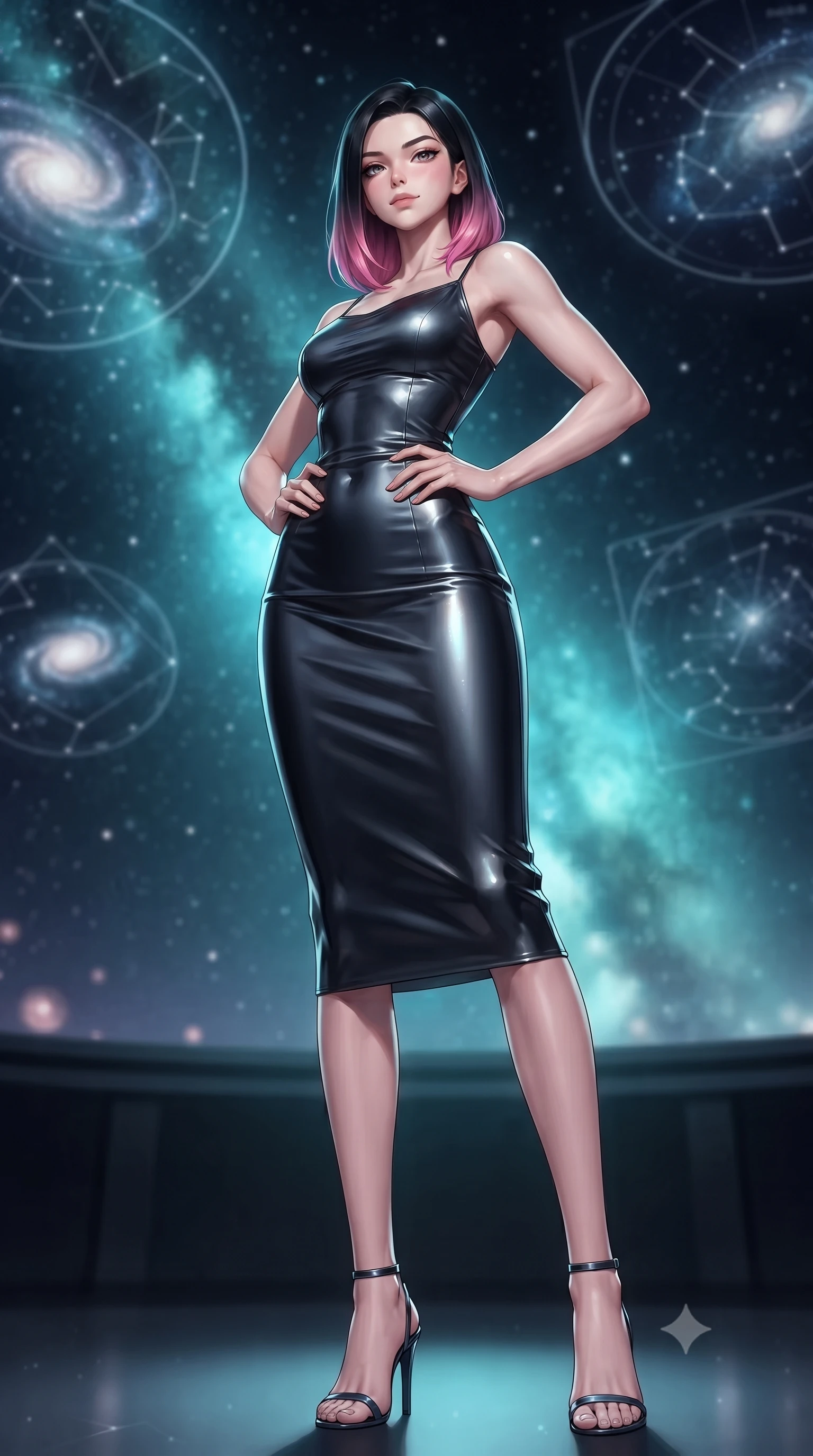 score_9, masterpiece, best quality, ultra-detailed, high-budget anime keyframe, editorial fashion photography, tasteful artistic composition, Korean woman woman. low angle full-body shot from head to toe showing her feet, filling the entire 9:16 vertical frame with her statuesque presence, stretching her vertical silhouette. She has an absolutely perfect, statuesque 8.5-heads proportion, an exceptionally tall and slender model-like female figure with impossibly long slender legs and an ultra-slim waist. standing victorious in a commanding statuesque pose, filling the frame with her slender presence, flawlessly proportioned anatomical accuracy, natural body alignment, perfectly sculpted elegant limbs, clean dynamic posture without body distortion. set against a soft-focus background of a panoramic star observatory deck with floating galaxy maps. wearing a sleek obsidian liquid silk midi dress with a tight tailored waistline. bathed in starlight and cosmic turquoise nebula glow wrapping her athletic build. ultra-reflective glossy finish, specular highlights, metallic sheen, high-contrast stereoscopic depth, volumetric dynamic lighting, 2k, ultra detail, master piece, 9:16 ratio