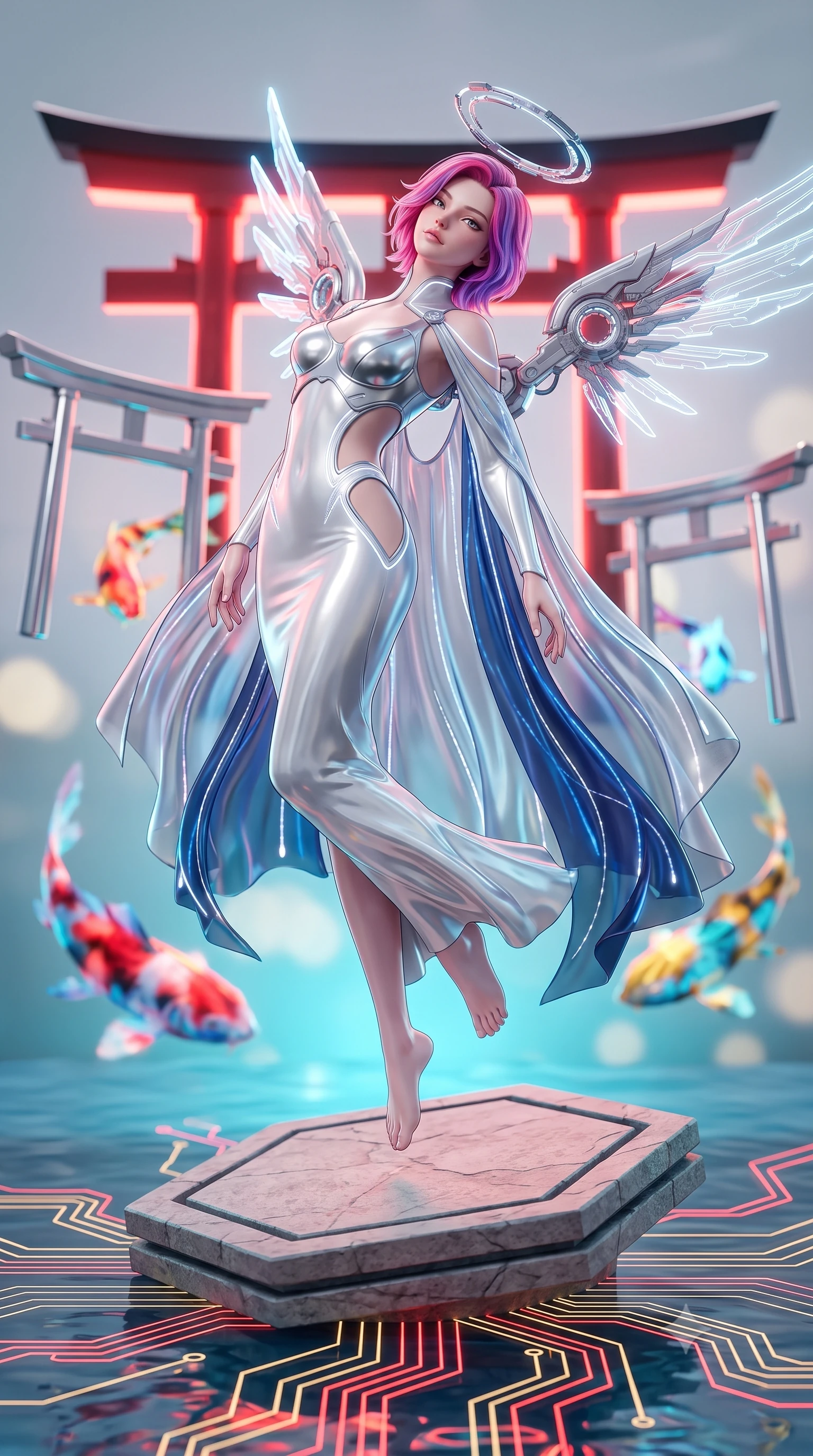score_9, masterpiece, best quality, ultra-detailed, high-budget anime keyframe, semi-realistic 3D game render, editorial fashion photography, tasteful artistic composition, Caucasian woman. low angle full-body shot from head to toe showing her feet, filling the entire 9:16 vertical frame with her statuesque presence, stretching her vertical silhouette. arching her back gracefully in mid-air as glowing mechanical wings and floating cybernetic halos frame her statuesque presence while pivoting dynamically on a floating hexagonal stone platform as glowing red and gold circuit lines ripple through the water. The composition keeps background elements in soft focus with creamy bokeh. floating chrome torii gates and swimming holographic koi blurred into vibrant scarlet, cyan, and gold bokeh. She has an absolutely perfect, statuesque 8.5-heads proportion, an exceptionally tall and slender model-like female figure with impossibly long slender legs, a toned flat midriff, and an ultra-slim waist. sharp v-shaped jawline, high-bridge nose, intricate jewel-like eyes with depth, thick eyelashes, glossy lips with a natural sheen, flawlessly proportioned anatomical accuracy, strict slender model proportions, natural body alignment, perfectly sculpted long slender limbs, ultra-slim waistline, clean dynamic posture without body distortion. wearing a form-contouring white liquid-mercury gown with polished silver biomechanical breastplate and flowing luminescent chiffon cape in liquid platinum silver and deep sapphire blue LED filaments, crafted from delicate iridescent organza interwoven with luminescent micro-fibers, accented with glowing fiber-optic seams tracing her collarbones and hip curves, the precision-cut daring openings accentuating her delicate midriff, graceful bare collarbones, and ultra-slim feminine waistline. bathed in glowing scarlet torii gate backlighting and aquatic cyan matrix uplights. rich saturated anime colors with glowing neon highlights, detailed shading with soft gradients, rich glossy textures, high-contrast stereoscopic depth, volumetric dynamic lighting, master piece, 9:16 ratio