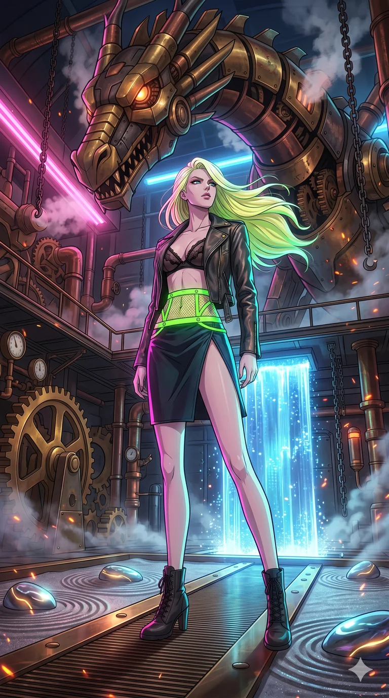score_9, masterpiece, best quality, ultra-detailed, High-budget Anime Keyframe, vibrant colors, fluid line-art, expressive lighting, cinematic composition, Ufotable-style visual effects, top-tier animation quality, Caucasian woman with pale skin, blonde hair, and (strictly human ears). Cinematic low angle perspective showcasing her towering height and perfect 8-heads proportion. Staring down a colossal mechanical dragon within a sprawling steampunk workshop, steam and embers filling the air. She has an absolutely perfect 8-heads proportion, an exceptionally tall and slender female figure with impossibly long slender legs and an ultra-slim waist, her statuesque height and towering silhouette dominating the vertical 9:16 frame. Her face is a masterpiece featuring a sharp v-shaped jawline, high-bridge nose, intricate jewel-like eyes with depth, thick eyelashes, and glossy lips with a natural sheen. She is wearing a Unzipped deeply leather jacket over a delicate sheer lace bra and a high-waisted harness crafted from Fluorescent mesh that glows brightly under neon light, highlighting her silhouette, with a dangerous high slit that showcases her impossibly long slender legs. The scene is set in a serene Zen garden with metallic sand, glowing stones, and a holographic waterfall, illuminated by harsh neon light and deep shadows creating a high-contrast noir aesthetic. 2k, ultra detail, master piece, 9:16 ratio