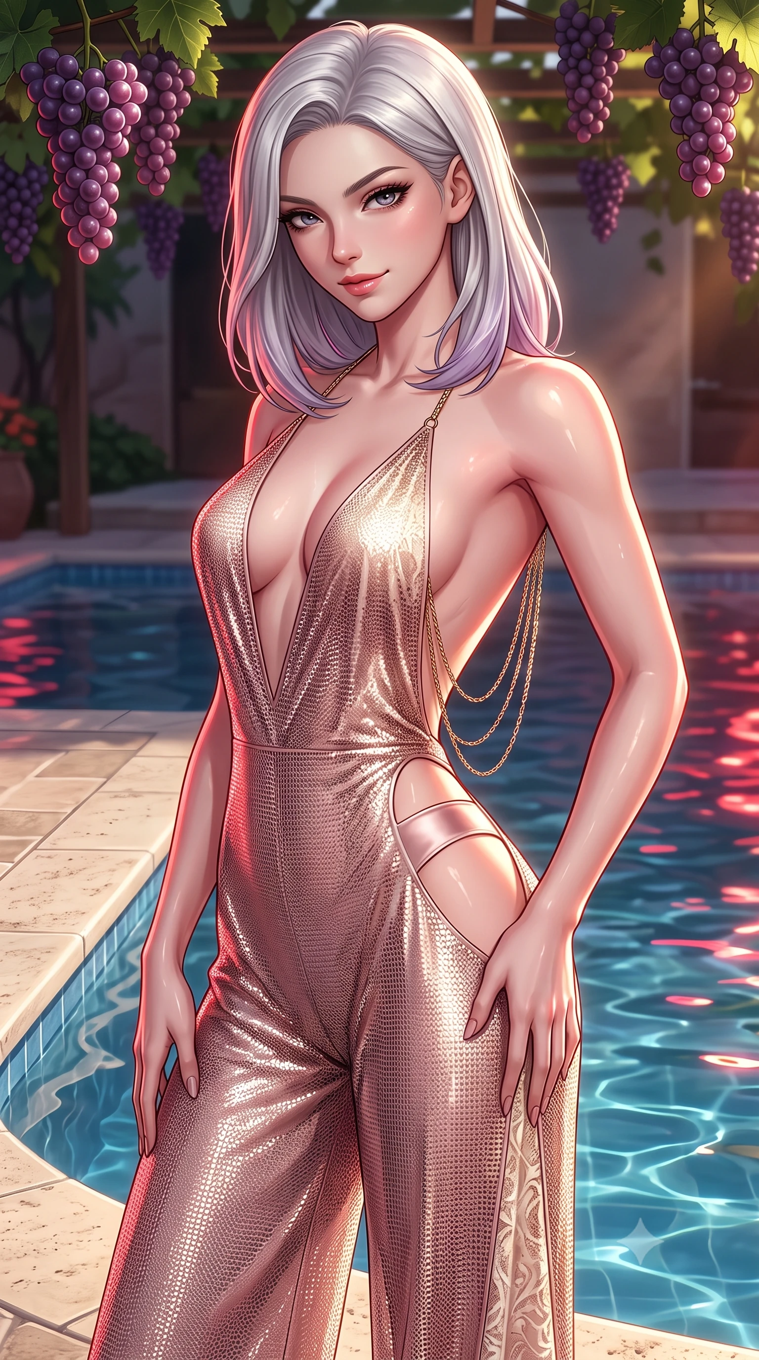 score_9, masterpiece, best quality, ultra-detailed, high-budget anime keyframe, semi-realistic 3D game render, editorial fashion photography, tasteful artistic composition, Caucasian woman. close-up cowboy shot from the waist and thighs up, the character dominates the composition, filling the frame with her large presence. tilting her head with a teasing half-smile, running one hand slowly down the side of her hip in a flirtatious S-curve as ambient light caresses her silhouette while twisting her slender torso in an alluring S-curve, crimson and gold water reflections dancing across her bare shoulders, flat midriff, and hips. The surrounding environment is rendered in vivid detail and crisp panoramic clarity: sharp travertine stone pool coping, ripe purple grape cluster details on overhead trellis, and pool surface meniscus in deep focus. She has an exceptionally elegant, slender, and willowy female figure with an ultra-slim waist, flat toned midriff, narrow ribcage, and sculpted feminine hips creating an alluring, slim hourglass silhouette without bulk. sharp v-shaped jawline, high-bridge nose, sparkling eyes with hypnotic seductive depth, thick curled eyelashes, glossy parted lips with a natural dewy peach sheen, alluring bedroom-eyes with an enchanting coquettish smile, exuding magnetic siren charisma and sophisticated glamour, flawlessly proportioned anatomical accuracy, strict slender model proportions, natural body alignment, perfectly sculpted long slender limbs, ultra-slim waistline, clean dynamic posture without body distortion. wearing a backless plunge-front silk satin jumpsuit with fluid wide-leg silhouette and side hip cutouts in dusky blush pink and warm ivory lace, crafted from shimmering fluid chainmail mesh reflecting ambient lights, accented with an open-back drape framed by falling strands of delicate gold chains, the second-skin tailored fabric adhering flawlessly to her sculpted flat midriff and slender torso, emphasizing her long leg lines and perfectly proportioned willowy build. illuminated by pool water specular reflections and sharp rose-gold rim lights defining her delicate clavicles, ultra-slim waist, and curvy hips. highly saturated vibrant anime colors, detailed shading with soft gradients, rich glossy textures, high-contrast stereoscopic depth, volumetric dynamic lighting, master piece, 9:16 ratio