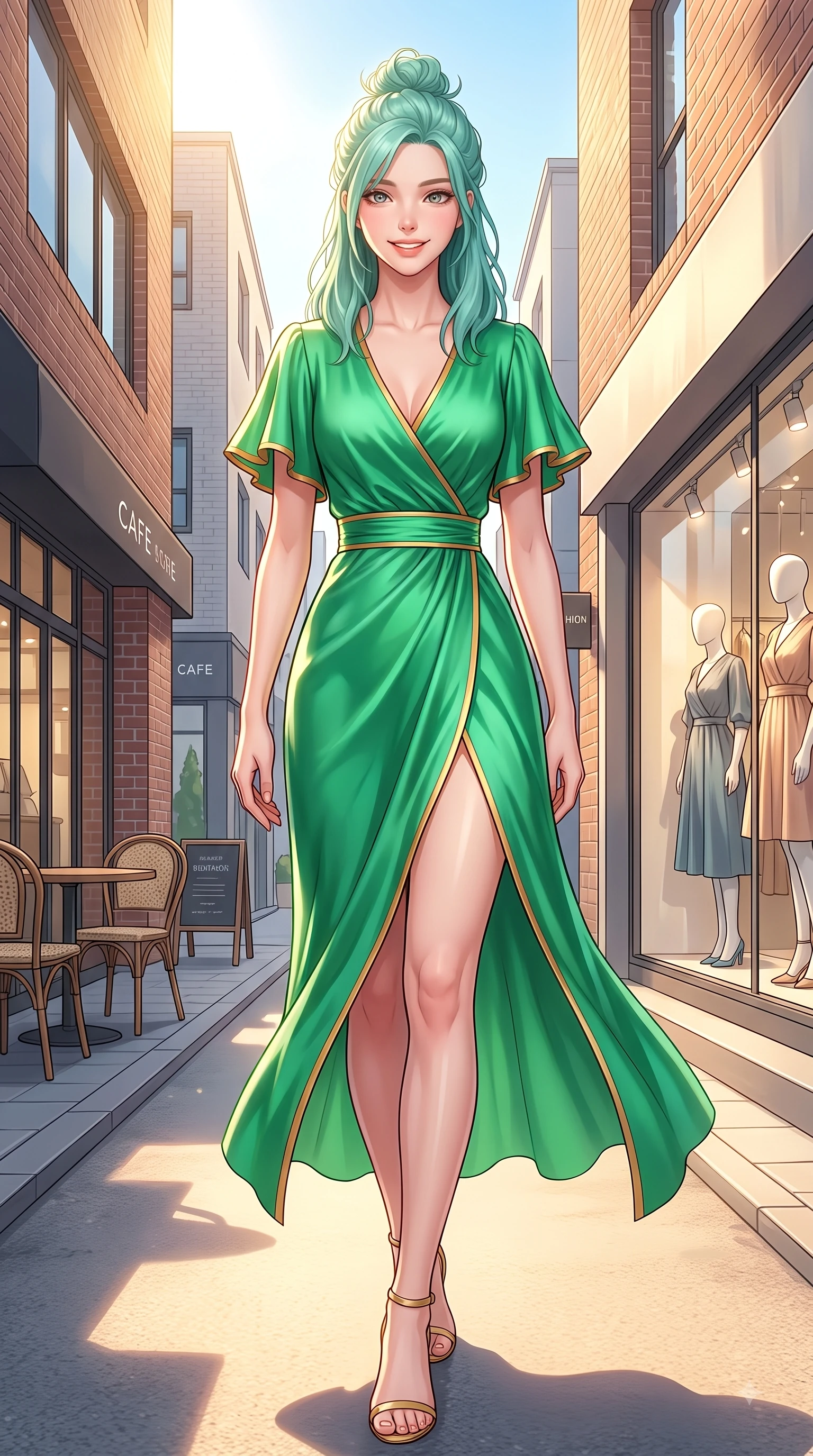 score_9, masterpiece, best quality, ultra-detailed, high-budget anime keyframe, editorial fashion photography, tasteful artistic composition, Japanese woman. low angle full-body shot from head to toe showing her feet, filling the entire 9:16 vertical frame with her statuesque presence, stretching her vertical silhouette. pivoting dynamically with a fresh infectious smile, her ultra-slim waist creating a sweeping fluid curve while walking dynamically down a sunlit Seongsu boutique street lined with modern brick cafes. The surrounding environment is rendered in vivid detail and crisp panoramic clarity. intricate fashion displays, outdoor cafe seating, and crisp architectural shadows rendered in deep focus. She has an absolutely perfect, statuesque 8.5-heads proportion, an exceptionally tall and slender model-like female figure with impossibly long slender legs and an ultra-slim waist. sharp v-shaped jawline, high-bridge nose, intricate jewel-like eyes with depth, thick eyelashes, glossy lips with a natural sheen, flawlessly proportioned anatomical accuracy, natural body alignment, perfectly sculpted elegant limbs, clean dynamic posture without body distortion. wearing an elegant V-neck silk wrap dress with fluttery short sleeves and a cinched waist in bright emerald green and warm gold trim, crafted from smooth liquid silk satin, featuring a sleek side leg slit ascending to mid-thigh, the form-contouring material highlighting her ultra-slim waist and long lines. bathed in brilliant golden hour sunshine and warm urban ambient illumination. highly saturated vibrant anime colors, detailed shading with soft gradients, rich glossy textures, high-contrast stereoscopic depth, volumetric dynamic lighting, master piece, 9:16 ratio