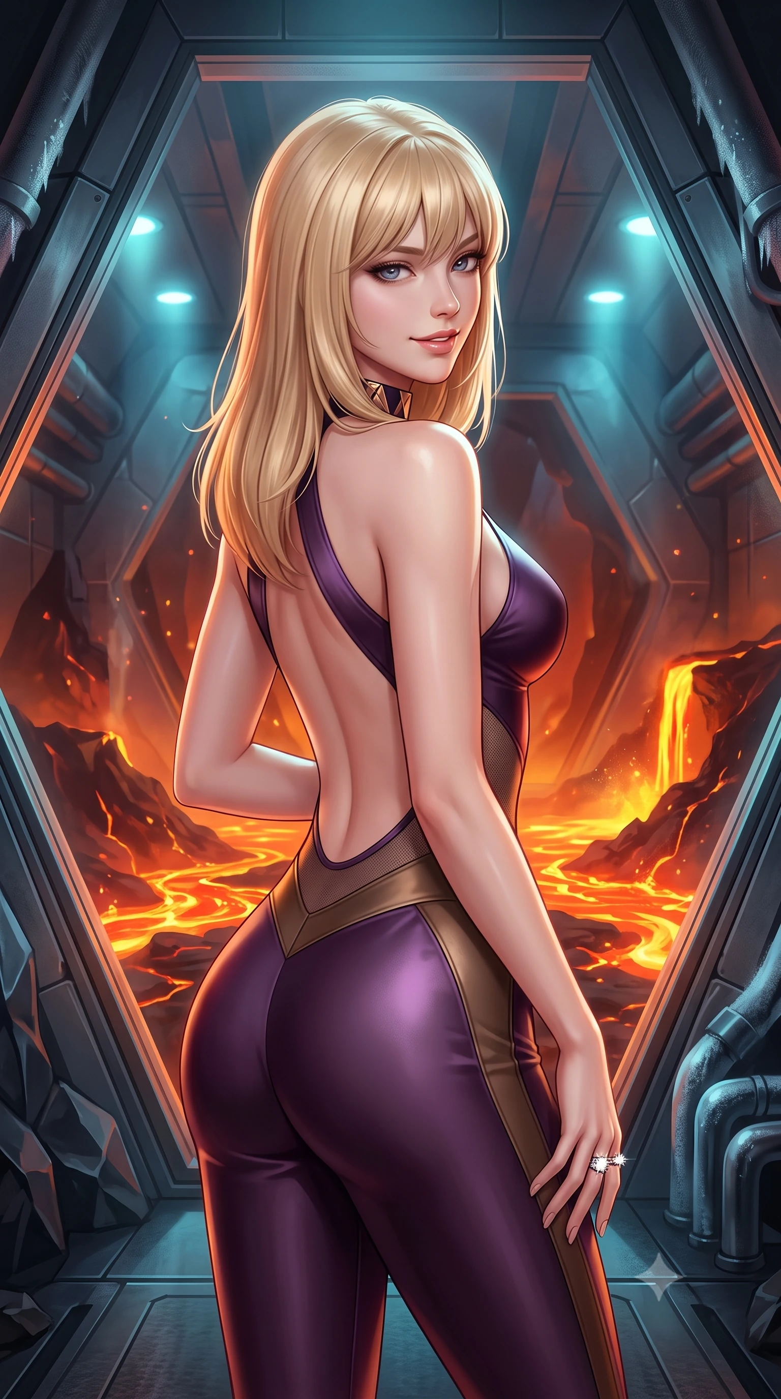 score_9, masterpiece, best quality, ultra-detailed, high-budget anime keyframe, semi-realistic 3D game render, editorial fashion photography, tasteful artistic composition, Japanese woman. close-up cowboy shot from the waist and thighs up, the character dominates the composition, filling the frame with her large presence. turning over a bare shoulder with an intoxicating, teasing smile, her soft hair framing her sharp jawline as her hips angle gracefully while standing before a monumental diamond-glass viewport looking into a vast volcanic magma chamber, arching her back as glowing lava rivers flow below. The surrounding environment is rendered in vivid detail and crisp panoramic clarity. sharp obsidian stone facets, titanium panel seams, and cooling pipe frost condensation in deep focus. She has an exceptionally elegant, slender, and willowy female figure with an ultra-slim waist, flat toned midriff, narrow ribcage, and sculpted feminine hips creating an alluring, slim hourglass silhouette without bulk. sharp v-shaped jawline, high-bridge nose, intricate jewel-like eyes with depth, thick eyelashes, glossy parted lips with a natural sheen, intensely captivating and seductive bedroom-eyes expression, flawlessly proportioned anatomical accuracy, strict slender model proportions, natural body alignment, perfectly sculpted long slender limbs, ultra-slim waistline, clean dynamic posture without body distortion. wearing a second-skin compression catsuit with an open back and sheer mesh side waist contouring in deep plum violet and antique bronze, tailored from ultra-smooth duchess satin with a pearlescent sheen, complemented by a bold geometric choker and sparkling cocktail ring, the second-skin form-contouring cut accentuating her sculpted flat midriff, narrow delicate ribcage, and gracefully curvy hips with supermodel precision. bathed in intense, warm fiery amber and crimson uplight from the lava pool contrasting with cool cyan interior spot fills. highly saturated vibrant anime colors, detailed shading with soft gradients, rich glossy textures, high-contrast stereoscopic depth, volumetric dynamic lighting, master piece, 9:16 ratio