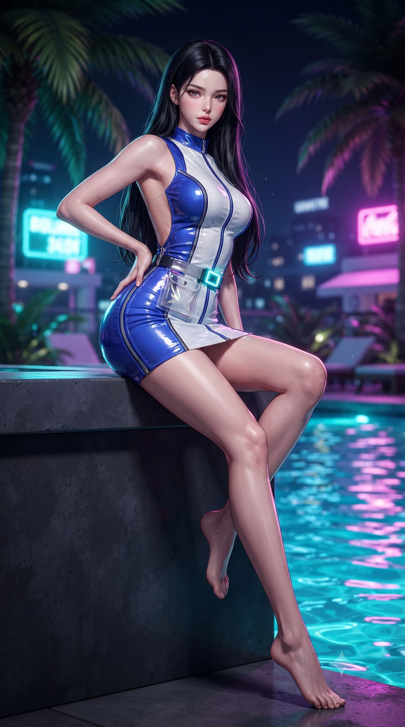 score_9, masterpiece, best quality, ultra-detailed, high-budget anime keyframe, editorial fashion photography, tasteful artistic composition, Korean woman. low angle full-body shot from head to toe showing her feet, filling the entire 9:16 vertical frame with her statuesque presence, stretching her vertical silhouette. sitting perched on the elevated ledge with hips angled toward the camera and legs crossed, displaying her toned midriff and flawlessly sculpted slender limbs while posing beside towering poolside palm fronds, hips dramatically thrust to one side with hands running along her waist in pure allure. The composition keeps background elements in soft focus with creamy bokeh. bioluminescent pool water ripples and neon city rooftop signs blurred into electric turquoise, violet, and hot magenta bokeh. She has an absolutely perfect, statuesque 8.5-heads proportion, an exceptionally tall and slender model-like female figure with impossibly long slender legs, a toned flat midriff, an ultra-slim waist, and beautifully sculpted feminine hips. sharp v-shaped jawline, high-bridge nose, intricate jewel-like eyes with depth, thick eyelashes, glossy parted lips with a natural sheen, intensely captivating and seductive bedroom-eyes expression, flawlessly proportioned anatomical accuracy, strict slender model proportions, natural body alignment, perfectly sculpted long slender limbs, ultra-slim waistline, clean dynamic posture without body distortion. wearing a high-gloss vinyl mini dress with an open back and zipper detailing tracing the hip curve in electric cobalt blue and high-gloss white, crafted from durable coated canvas and polished metallic hardware, finished with a neon LED belt buckle and translucent vinyl tool pouch, the form-contouring material adhering flawlessly to her sculpted flat midriff and slender torso, emphasizing her long leg lines and perfectly proportioned willowy build. surrounded by an electrifying, hypnotic, and irresistibly provocative nightlife goddess aura. ultra-reflective glossy finish, specular highlights, rich textural contrasts, high-contrast stereoscopic depth, volumetric dynamic lighting, 2k, ultra detail, master piece, 9:16 ratio