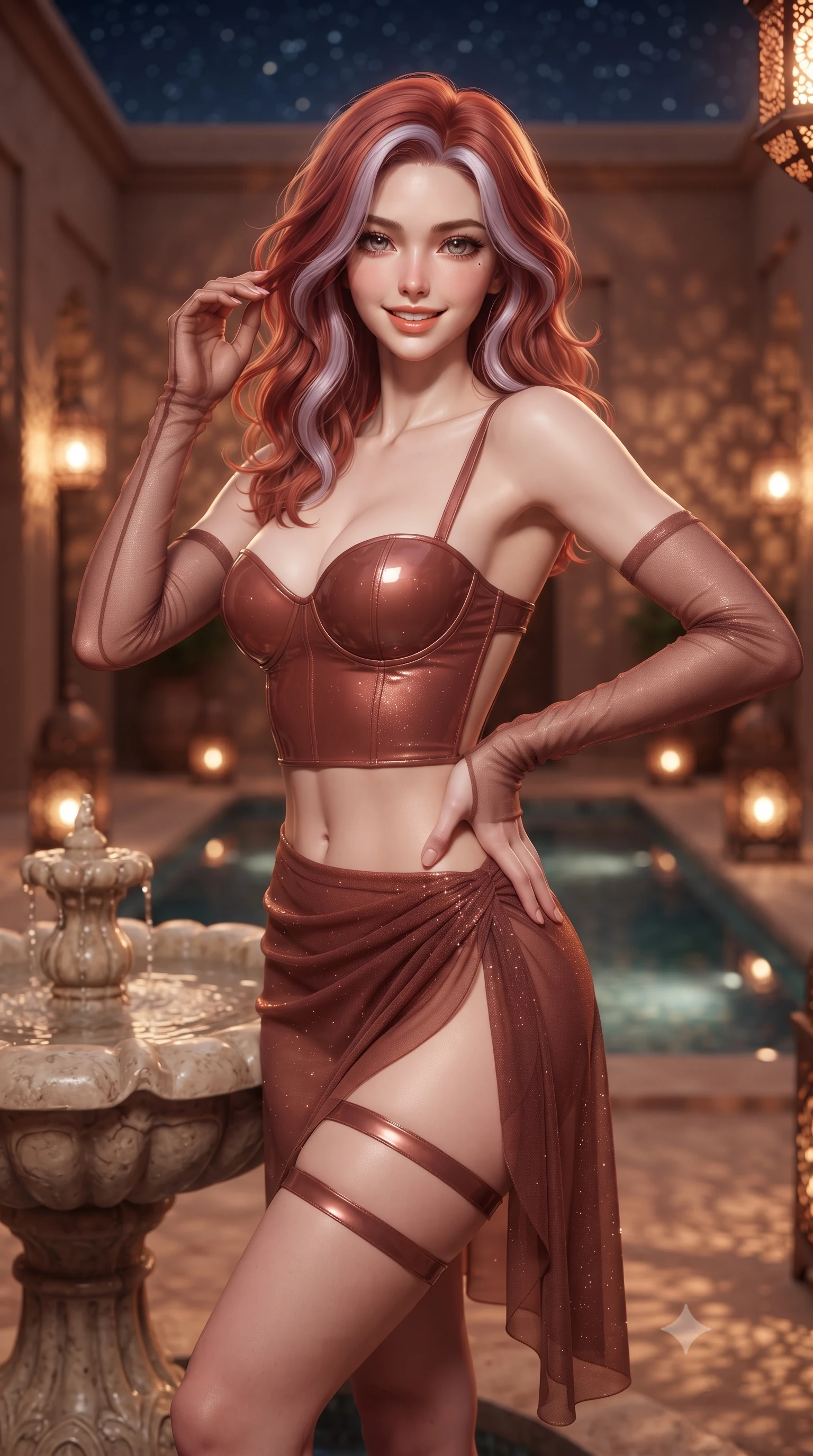score_9, masterpiece, best quality, ultra-detailed, high-budget anime keyframe, editorial fashion photography, tasteful artistic composition, Caucasian woman. close-up cowboy shot from the waist and thighs up, the character dominates the composition, filling the frame with her large presence. twisting her slender torso in an alluring contrapposto stance, one hand resting on her sculpted hip while her fingers toy with her hair with effortless poise while leaning against the carved stone water fountain in the center courtyard with hips cocked back, casting an alluring smoldering gaze. The background shows a soft-focus warm pierced copper lanterns casting intricate lace-like shadows on mudbrick walls, tranquil reflecting pools, and starry sky blurred into honey, terracotta, and indigo bokeh. She has an exceptionally elegant, slender, and willowy female figure with an ultra-slim waist, flat toned midriff, narrow ribcage, and sculpted feminine hips creating an alluring, slim hourglass silhouette without bulk. sharp v-shaped jawline, high-bridge nose, intricate jewel-like sparkling eyes with depth, thick eyelashes, glossy parted lips with a natural peach sheen, bright cheerful beaming smile with an enchanting and coquettish sensual glint, exuding both youthful cute charm and seductive allure, flawlessly proportioned anatomical accuracy, strict slender model proportions, natural body alignment, perfectly sculpted long slender limbs, ultra-slim waistline, clean dynamic posture without body distortion. wearing a wet-look form-fitting vinyl bustier paired with a high-slit sheer-layered wrap mini skirt and thigh-strap accents in Milanese terracotta rose and warm espresso, woven from stretch metallic lurex jersey casting radiant starlight glints across her curves, complemented by sheer opera-length evening gloves tracing her slender arms, the precision-cut side openings and low-back scoop framing her graceful spine and the sensual sweep of her slim, toned hips. bathed in the magical patterned light and shadow cast by dozens of authentic pierced Moroccan lanterns. ultra-reflective glossy finish, specular highlights, rich textural contrasts, high-contrast stereoscopic depth, volumetric dynamic lighting, 2k, ultra detail, master piece, 9:16 ratio