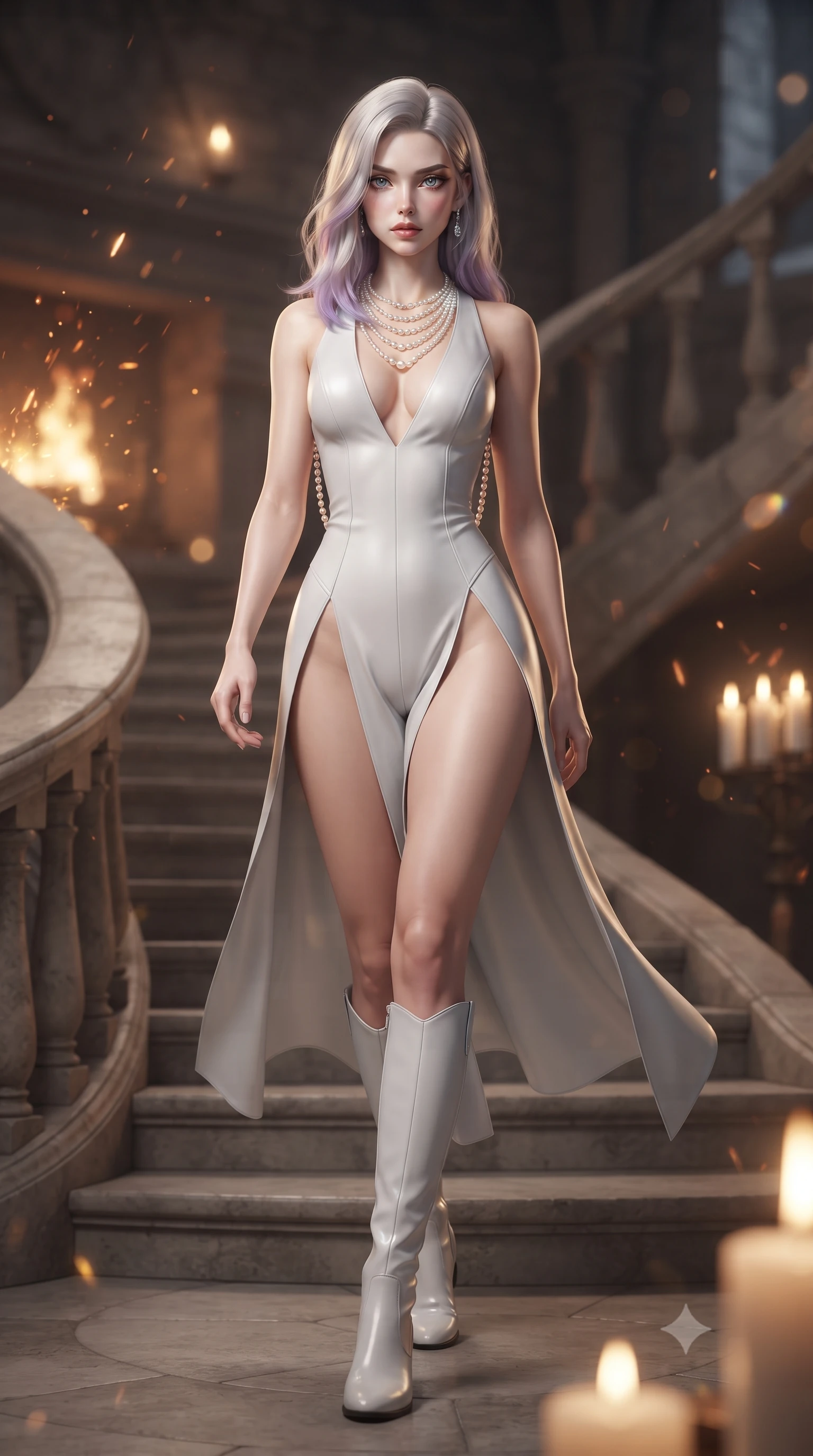 score_9, masterpiece, best quality, ultra-detailed, high-budget anime keyframe, editorial fashion photography, tasteful artistic composition, Caucasian woman. low angle full-body shot from head to toe showing her feet, filling the entire 9:16 vertical frame with her statuesque presence, stretching her vertical silhouette. striding forward in a proud supermodel runway stride, hips swaying in an alluring kinetic rhythm that accentuates her curvy hourglass silhouette while gliding down the spiraling stone castle staircase with supermodel poise, her high-slit skirt opening to reveal her long slender legs and curvy hips. The composition keeps background elements in soft focus with creamy bokeh. rising fireplace sparks and candle flame refractions scattering warm decadent amber light motes. She has an exceptionally tall and slender model-like 8.5-heads proportion, an ultra-slim waist, a flat toned midriff, narrow delicate ribcage, and beautifully sculpted feminine hips creating a graceful, slim hourglass silhouette without any bulky heaviness, with impossibly long slender legs. sharp v-shaped jawline, high-bridge nose, intricate jewel-like eyes with depth, thick eyelashes, glossy parted lips with a natural sheen, intensely captivating and seductive bedroom-eyes expression, flawlessly proportioned anatomical accuracy, strict slender model proportions, natural body alignment, perfectly sculpted long slender limbs, ultra-slim waistline, clean dynamic posture without body distortion. wearing a form-contouring equestrian leather-and-gabardine bodysuit with a deep plunge neckline and riding boots in liquid starlight silver and arctic glacier white, tailored from water-resistant treated wool gabardine and flexible stretch silk, accented with a multi-strand pearl back necklace cascading down her bare spine to her hips, the form-contouring material adhering flawlessly to her sculpted flat midriff and slender torso, emphasizing her long leg lines and perfectly proportioned willowy build. surrounded by an aristocratic, untamed, and dangerously captivating Scottish highland duchess aura. ultra-reflective glossy finish, specular highlights, rich textural contrasts, high-contrast stereoscopic depth, volumetric dynamic lighting, 2k, ultra detail, master piece, 9:16 ratio