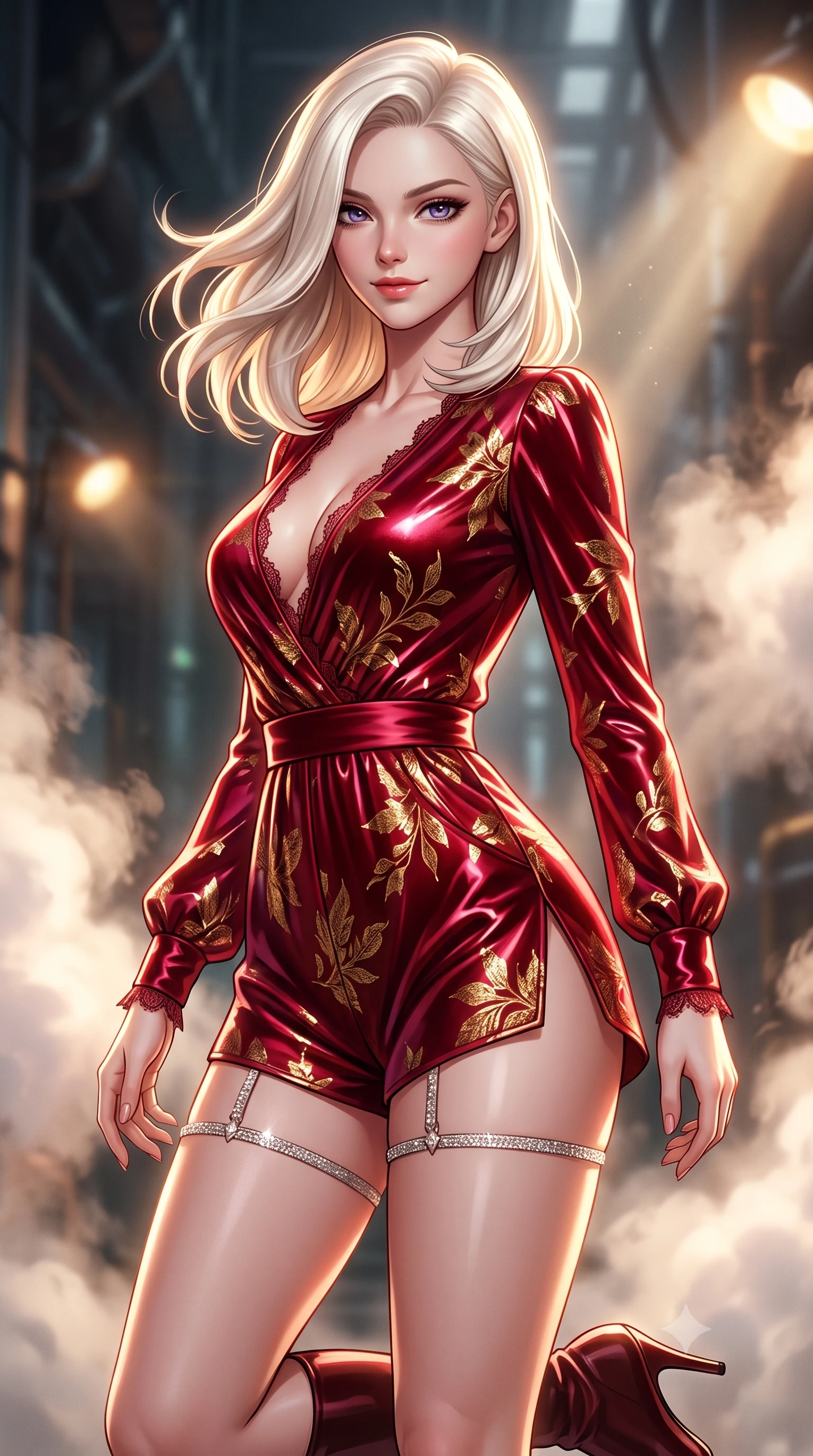 score_9, masterpiece, best quality, ultra-detailed, high-budget anime keyframe, semi-realistic 3D game render, editorial fashion photography, tasteful artistic composition, Caucasian woman. close-up cowboy shot from the waist and thighs up, the character dominates the composition, filling the frame with her large presence. turning slowly with an enchanting smoldering smile, her glossy hair tossing in the breeze as her hips angle gracefully in a captivating contrapposto while twisting her slender torso in an alluring S-curve, high-pressure steam plumes framing her form-fitting tactical suit and curvy hips. The background shows a soft-focus deep silo shaft depths softened in industrial sci-fi shallow focus. She has an exceptionally elegant, slender, and willowy female figure with an ultra-slim waist, flat toned midriff, narrow ribcage, and sculpted feminine hips creating an alluring, slim hourglass silhouette without bulk. sharp v-shaped jawline, high-bridge nose, sparkling eyes with hypnotic seductive depth, thick curled eyelashes, glossy parted lips with a natural dewy peach sheen, alluring bedroom-eyes with an enchanting coquettish smile, exuding magnetic siren charisma and sophisticated glamour, flawlessly proportioned anatomical accuracy, strict slender model proportions, natural body alignment, perfectly sculpted long slender limbs, ultra-slim waistline, clean dynamic posture without body distortion. wearing a deep V-neck silk satin ballerina romper with scalloped eyelash-lace hems and a cinched satin waist ribbon in royal opera house crimson velvet and shimmering gold leaf, crafted from wet-look high-gloss vinyl fabric with dazzling specular surface reflections, finished with delicate crystal-encrusted thigh garter straps glinting under the lights, the high-slit wrap tailoring accentuating her ultra-slim waistline and the enchanting curve of her feminine hips with alluring seductive charm. bathed in warm halogen work-lights cutting through dramatic shafts of white pressurized steam. highly saturated vibrant anime colors, detailed shading with soft gradients, rich glossy textures, high-contrast stereoscopic depth, volumetric dynamic lighting, master piece, 9:16 ratio