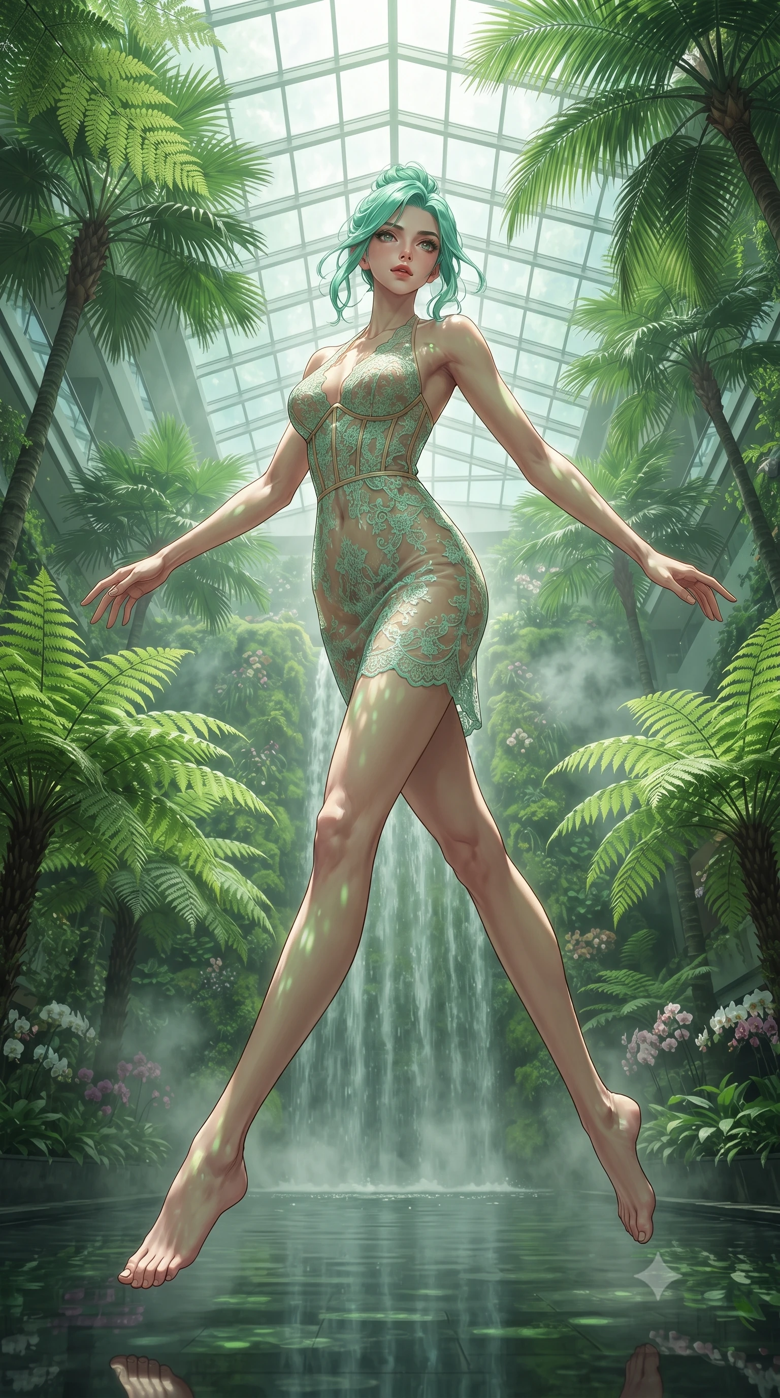 score_9, masterpiece, best quality, ultra-detailed, high-budget anime keyframe, editorial fashion photography, tasteful artistic composition, Japanese woman. low angle full-body shot from head to toe showing her feet, filling the entire 9:16 vertical frame with her statuesque presence, stretching her vertical silhouette. leaping gracefully through a luxury hotel's soaring six-story glass atrium filled with towering tropical palms massive ferns rare orchid collections and a grand waterfall cascading down a living moss wall into a reflection pool. She has a statuesque 8.5-heads proportion, an exceptionally tall, slender and willowy model-like build with impossibly long legs and a highly sculpted ultra-slim waist. sharp v-shaped jawline, high-bridge nose, intricate jewel-like eyes with depth, thick eyelashes, glossy lips with a natural sheen. wearing a semi-transparent halter dress in champagne gold, featuring a mint green lace overlay and a visible structured corset. abundant natural light flooding through the glass atrium roof filtered through tropical canopy creating green-tinted dappled illumination with mist from the waterfall softening everything. 2k, ultra detail, master piece, 9:16 ratio