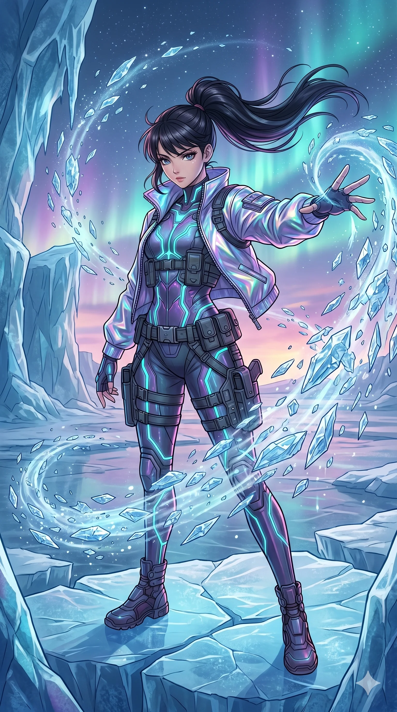 high-budget anime movie keyframe, cinematic anime lighting, intricate line art, Korean woman. Cinematic eye-level shot capturing a powerful motion and commanding presence. creating a burst of ice crystals with a graceful motion in a frozen wasteland. sharp v-shaped jawline, high-bridge nose, intricate jewel-like eyes, thick eyelashes, serene expression. Wearing Tech-Fantasy: Cybernetic tech-suit with glowing seams, shimmering jacket over tech-wear, and modular tactical gear. The scene is illuminated by dramatic atmospheric lighting and vibrant color palettes., 2k, ultra detail, master piece, 9:16 ratio