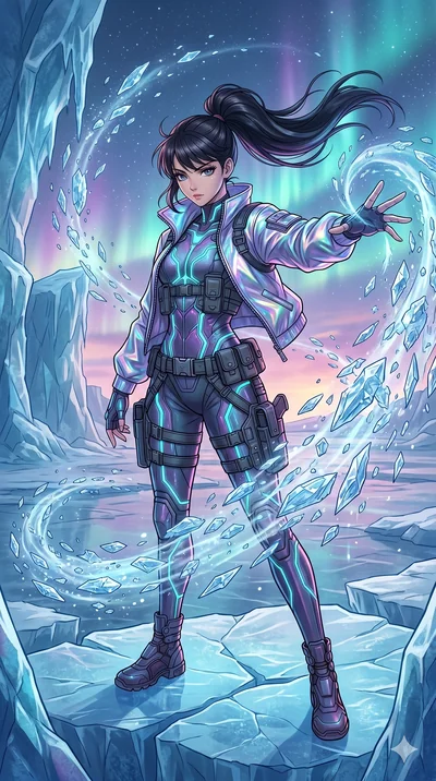 high-budget anime movie keyframe, cinematic anime lighting, intricate line art, Korean woman. Cinematic eye-level shot capturing a powerful motion and commanding presence. creating a burst of ice crystals with a graceful motion in a frozen wasteland.