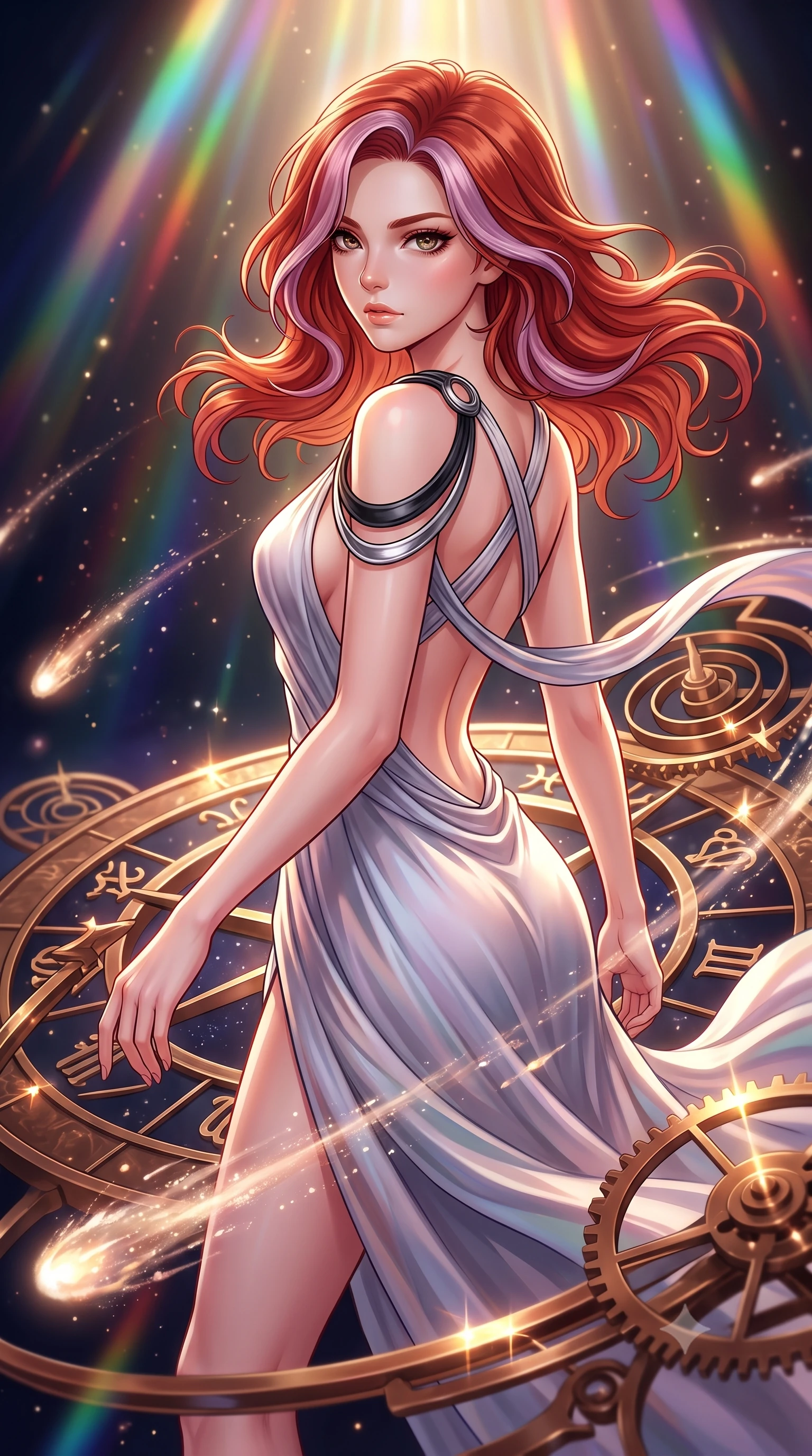 score_9, masterpiece, best quality, ultra-detailed, high-budget anime keyframe, editorial fashion photography, tasteful artistic composition, Caucasian woman. close-up cowboy shot from the waist and thighs up, the character dominates the composition, filling the frame with her large presence, background elements kept in soft focus. Gazing past the lens with composed intensity as her torso curves dynamically in mid-motion while pivoting dynamically on a revolving bronze zodiac dial surrounded by comet dust streams, intricate bronze clockwork springs reflecting warm starlight specular highlights. She has an exceptionally elegant, slender, and willowy female figure with an ultra-slim waist, a gracefully sculpted slender torso, and a refined silhouette. sharp v-shaped jawline, high-bridge nose, intricate jewel-like eyes with depth, thick eyelashes, glossy lips with a natural sheen, flawlessly proportioned anatomical accuracy, natural body alignment, perfectly sculpted elegant limbs, clean dynamic posture without body distortion. wearing an asymmetrical Grecian draped chiffon gown with a metallic shoulder ring in matte black and polished silver, crafted from smooth liquid silk, complemented by criss-cross back straps highlighting her bare shoulders, the sleek second-skin texture accentuating her magnetic presence. illuminated by cascading rainbow prismatic rays and rich metallic rim highlights. highly saturated vibrant anime colors, detailed shading with soft gradients, rich glossy textures, high-contrast stereoscopic depth, volumetric dynamic lighting, master piece, 9:16 ratio