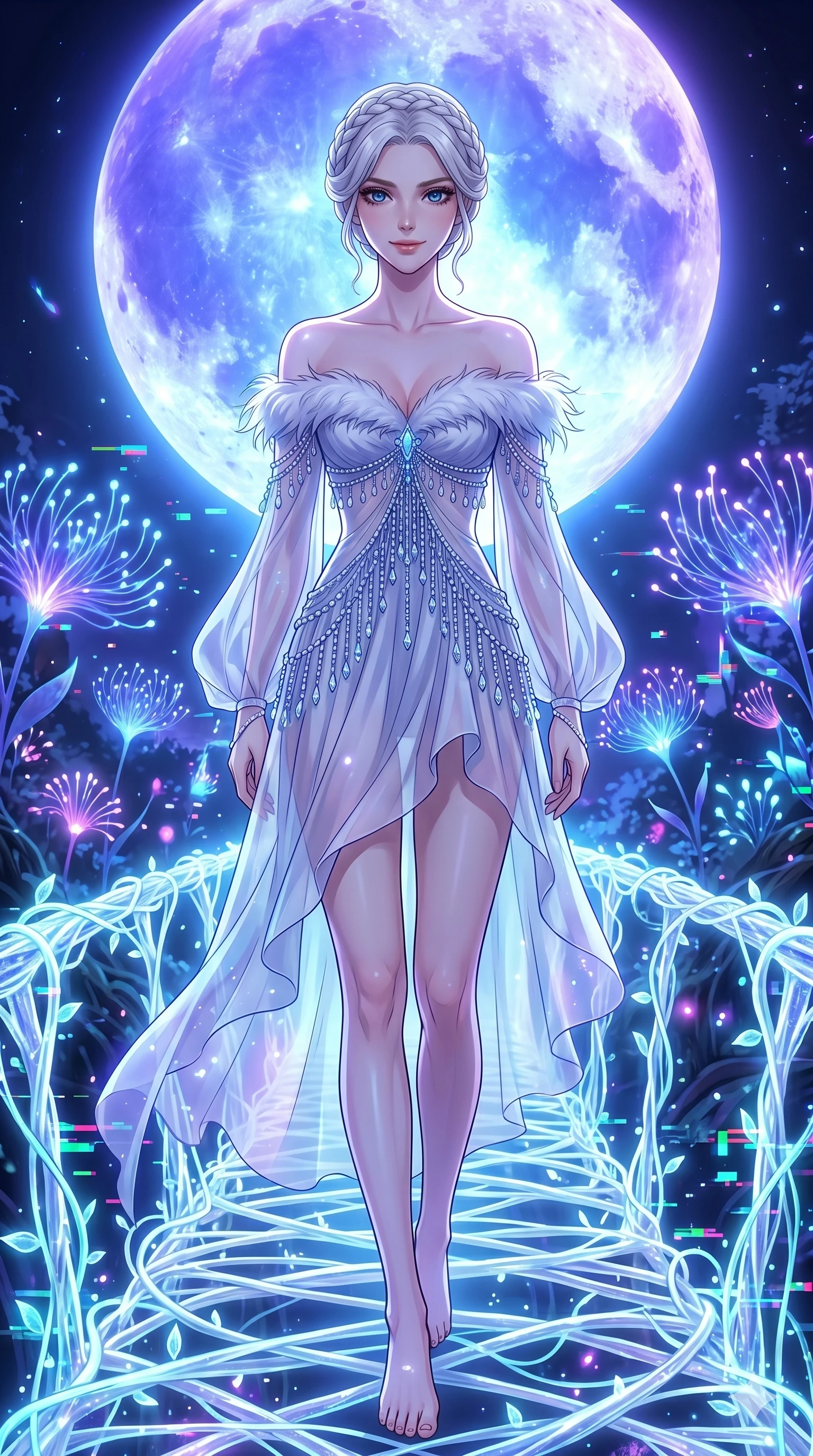 score_9, masterpiece, best quality, ultra-detailed, High-budget Anime Keyframe, vibrant colors, fluid line-art, expressive lighting, cinematic composition, Ufotable-style visual effects, top-tier animation quality, Japanese woman with delicate and elegant anime-inspired features. Upper body close-up from the thighs up, character filling the screen for maximum presence. Walking across a bridge made of woven light and digital vines. She has an absolutely perfect 8-heads proportion, an exceptionally tall and slender female figure with impossibly long slender legs and an ultra-slim waist, her statuesque height and towering silhouette dominating the vertical 9:16 frame. Her face is a masterpiece featuring a sharp v-shaped jawline, high-bridge nose, intricate jewel-like eyes with depth, thick eyelashes, and glossy lips with a natural sheen. She is wearing a Flowing silk chiffon dress with an asymmetrical hem, feather-trimmed off-the-shoulder top, crystalline beaded fringe, and translucent flowing sleeves.. The scene is set in a mystical grove under a giant glowing moon that illuminates the fiber-optic flora. 2k, ultra detail, master piece, 9:16 ratio