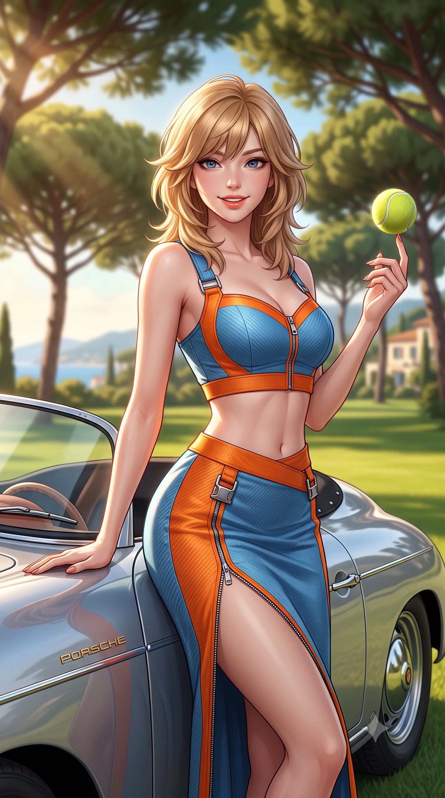 score_9, masterpiece, best quality, ultra-detailed, high-budget anime keyframe, semi-realistic 3D game render, editorial fashion photography, tasteful artistic composition, Korean woman. close-up cowboy shot from the waist and thighs up, the character dominates the composition, filling the frame with her large presence. playfully spinning a tennis ball on her fingertips, her radiant smile capturing fresh girlhood charm while her arched torso reveals an intoxicating hip contour while standing beside the tiny windshield of a classic silver Porsche 356 Speedster on the green polo lawn, arching her back with effortless French chic. The background shows a soft-focus soaring umbrella pine canopies, sunlit Mediterranean polo lawns, and coastal villas blurred into olive green, champagne, and azure bokeh. She has an exceptionally elegant, slender, and willowy female figure with an ultra-slim waist, flat toned midriff, narrow ribcage, and sculpted feminine hips creating an alluring, slim hourglass silhouette without bulk. sharp v-shaped jawline, high-bridge nose, sparkling eyes with athletic focus and depth, thick curled eyelashes, glossy parted lips with a natural coral-peach sheen, bright confident and coquettish smile with alluring bedroom-eyes, exuding both youthful sporty vigor and sovereign high-society glamour, flawlessly proportioned anatomical accuracy, strict slender model proportions, natural body alignment, perfectly sculpted long slender limbs, ultra-slim waistline, clean dynamic posture without body distortion. wearing a sweetheart-neckline athletic tennis bustier top paired with a curve-hugging high-slit track maxi skirt in vintage Porsche Gulf blue and vibrant race orange, tailored from lightweight aerodynamic carbon-fiber composite with structured weave, finished with polished chrome zipper pulls and racing harness buckle hardware, the high-waisted wrap tailoring accentuating her ultra-slim waistline and the enchanting curve of her feminine hips with alluring sporty charm. bathed in horizontal late-afternoon golden hour sunbeams filtering through pine needles. highly saturated vibrant anime colors, detailed shading with soft gradients, rich glossy textures, high-contrast stereoscopic depth, volumetric dynamic lighting, master piece, 9:16 ratio