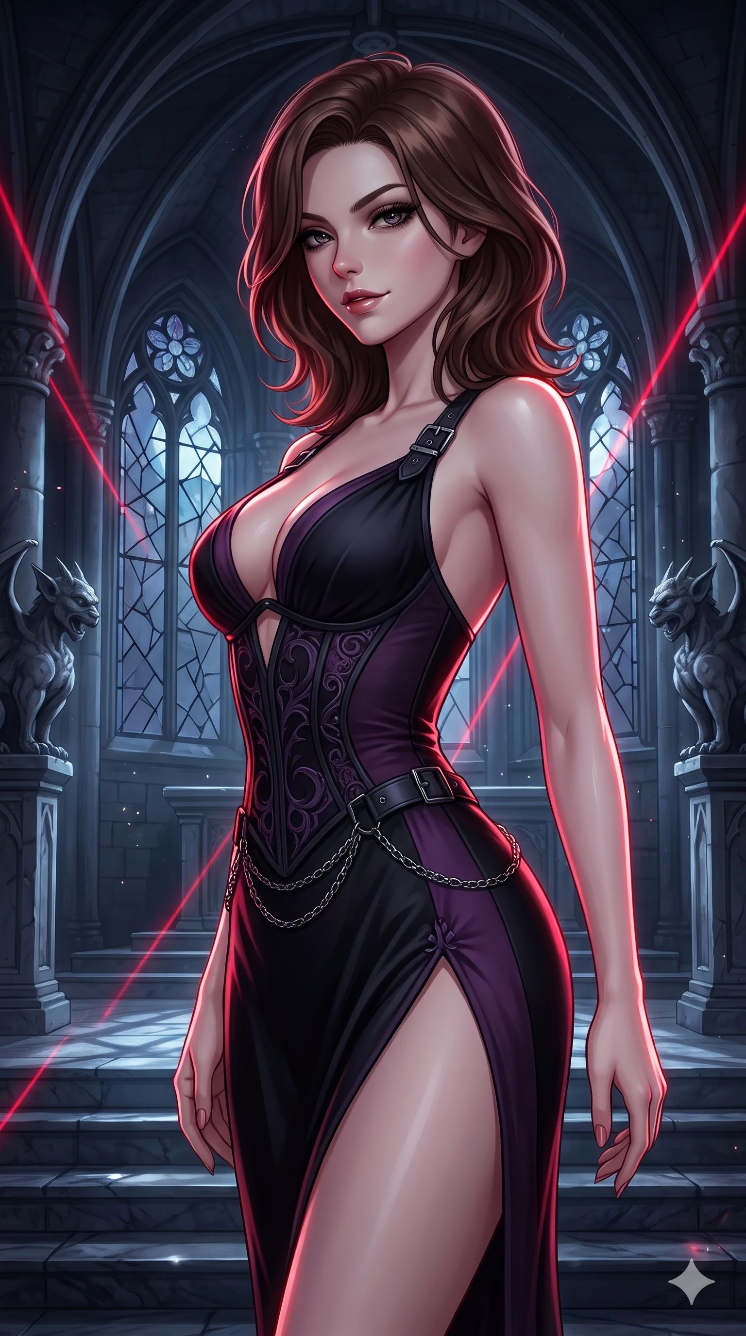 score_9, masterpiece, best quality, ultra-detailed, high-budget anime keyframe, semi-realistic 3D game render, editorial fashion photography, tasteful artistic composition, Korean woman. close-up cowboy shot from the waist and thighs up, the character dominates the composition, filling the frame with her large presence. glancing sidelong over her shoulder with a smoldering, enigmatic half-smile that commands the frame while twisting her slender torso in an alluring contrapposto stance beneath the vaulted stone arches, moonlight and crimson laser rays tracing her curves. The surrounding environment is rendered in vivid detail and crisp panoramic clarity: sharp fractured stained-glass lead cames, carved stone gargoyle details, and cold marble altar step textures in deep focus. She has an exceptionally elegant, slender, and willowy female figure with an ultra-slim waist, flat toned midriff, narrow ribcage, and sculpted feminine hips creating an alluring, slim hourglass silhouette without bulk. sharp v-shaped jawline, high-bridge nose, intricate jewel-like dark sparkling eyes with hypnotic seductive depth, thick curled eyelashes, glossy parted lips with a natural wine sheen, alluring bedroom-eyes with an enigmatic smoldering smile, exuding magnetic sovereign charisma and dark avant-garde glamour, flawlessly proportioned anatomical accuracy, strict slender model proportions, natural body alignment, perfectly sculpted long slender limbs, ultra-slim waistline, clean dynamic posture without body distortion. wearing a low-cut gothic structured bodice gown with high leg slit in obsidian black and dark plum violet, made of fluid liquid jersey with seamless sculpting hold and smooth contours, framed by dark titanium buckles and silver chain details, the form-fitting cut adhering flawlessly to her sculpted flat midriff and slender torso, emphasizing her long leg lines and perfectly proportioned willowy build. illuminated by moonlit altar marble bounce and sharp blood-ruby rim lights sculpting her razor-sharp jawline, narrow waist, and curvy hips. highly saturated vibrant anime colors, detailed shading with soft gradients, rich glossy textures, high-contrast stereoscopic depth, volumetric dynamic lighting, master piece, 9:16 ratio