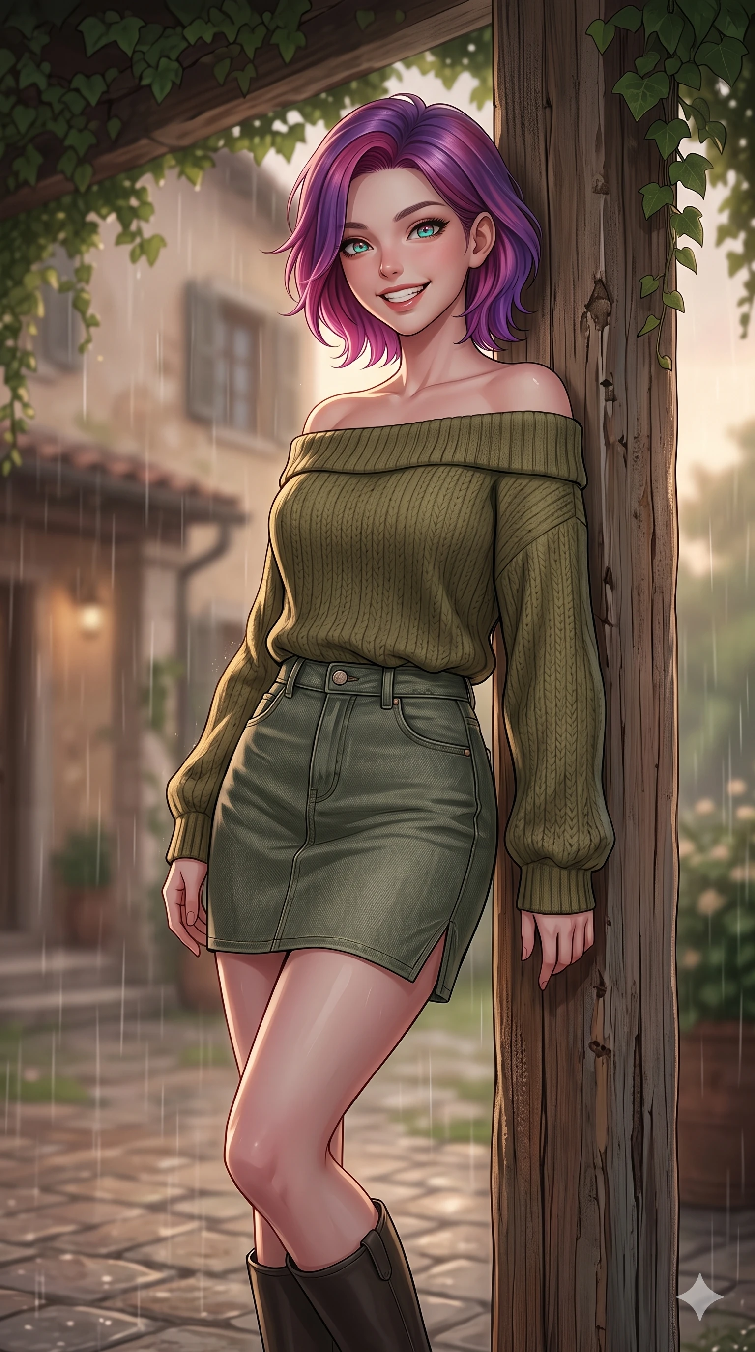 score_9, masterpiece, best quality, ultra-detailed, high-budget anime keyframe, vibrant anime aesthetic, Caucasian woman, strictly human ears. close-up cowboy shot from the waist and thighs up, the character dominates the composition, filling the frame with her large presence, background elements kept in soft focus. She is posing with a bright, energetic grin, her eyes glowing with energy, with her eyes bright and full of life leaning against a rustic wooden column. the background shows a soft-focus stone terrace of a classic villa under a leafy ivy canopy, during a warm summer rain shower (Code-P22-112). She has an absolutely perfect proportion, an exceptionally elegant and slender female figure with an ultra-slim waist. V-shaped jawline, high-bridge nose, intricate jewel-like eyes with depth, thick eyelashes, glossy lips with a natural sheen. wearing an off-shoulder oversized sweater paired with a refined side vent denim skirt in olive green. She is drenched in soft, diffused light of a rainy afternoon, creating clean outlines, accentuating her slender silhouette during the twilight rain. 2k, ultra detail, master piece, 9:16 ratio
