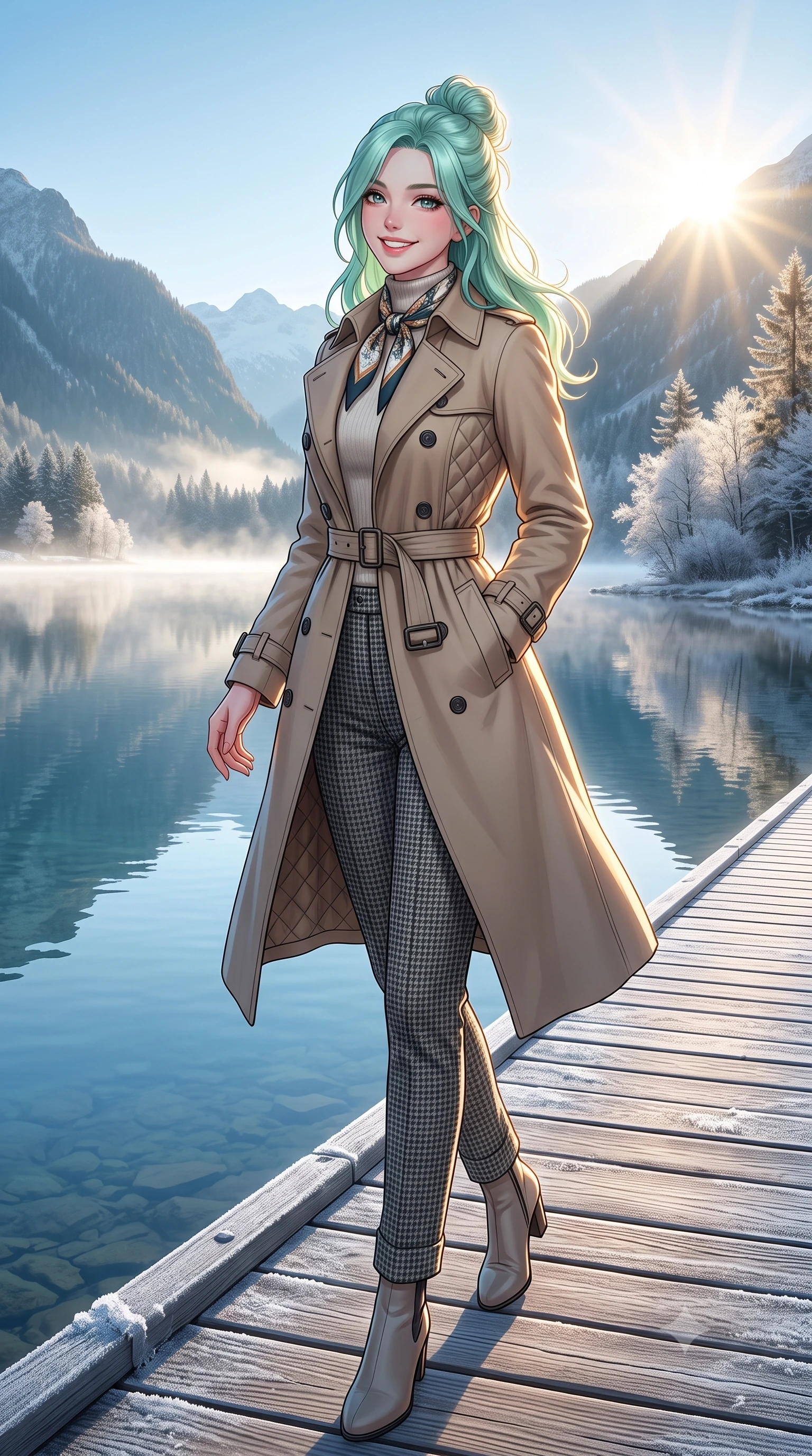 score_9, masterpiece, best quality, ultra-detailed, high-budget anime keyframe, semi-realistic 3D game render, editorial fashion photography, tasteful artistic composition, Japanese woman. low angle full-body shot from head to toe showing her feet, filling the entire 9:16 vertical frame with her statuesque presence, stretching her vertical silhouette. pausing along the promenade and turning back toward the camera with an infectious, delightful smile and perfect posture while walking along the frosted wooden boardwalk beside the mirror-still alpine lake, glancing back over her shoulder with an infectious joyful smile. The surrounding environment is rendered in vivid detail and crisp panoramic clarity: detailed quilted down-tailored coat quilting, high funnel neck collar, and alpine lakeside topography in high resolution. She has an exceptionally tall and slender model-like 8.5-heads proportion, an ultra-slim waist, a flat toned midriff, narrow delicate ribcage, and beautifully sculpted feminine hips creating a graceful, slim hourglass silhouette without any bulky heaviness, with impossibly long slender legs. sharp v-shaped jawline, high-bridge nose, intricate jewel-like sparkling eyes with depth, thick eyelashes, glossy parted lips with a natural peach sheen, bright cheerful beaming smile with an enchanting and coquettish sensual glint, exuding both youthful cute charm and seductive allure, flawlessly proportioned anatomical accuracy, strict slender model proportions, natural body alignment, perfectly sculpted long slender limbs, ultra-slim waistline, clean dynamic posture without body distortion. wearing a classic double-breasted trench coat with a cinched waist belt worn over a fine-knit cashmere turtleneck and tailored trousers in classic Savile Row charcoal houndstooth and crisp ivory, tailored from heritage British Harris Tweed with rich multi-tonal yarn weave, finished with a printed silk twilly scarf knotted gracefully around her neck, the streamlined silhouette following her natural slender proportions with sophisticated poise, enhancing her tall willowy presence. bathed in crisp, sparkling morning sun breaking over mountain crests, illuminating lake mist with ethereal golden backlighting. highly saturated vibrant anime colors, detailed shading with soft gradients, rich glossy textures, high-contrast stereoscopic depth, volumetric dynamic lighting, master piece, 9:16 ratio