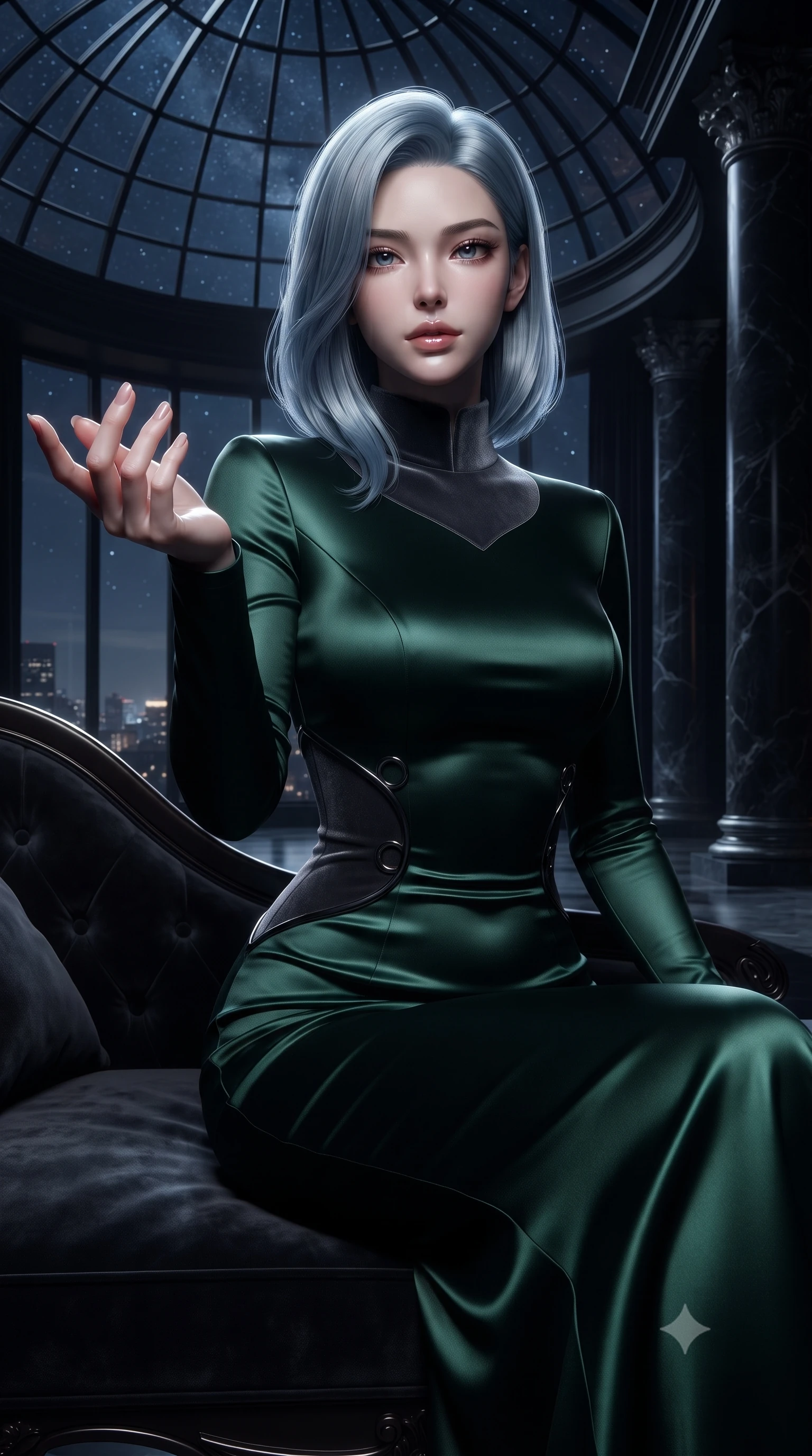 score_9, masterpiece, best quality, ultra-detailed, high-budget anime keyframe, editorial fashion photography, tasteful artistic composition, Korean woman. close-up cowboy shot from the waist and thighs up, the character dominates the composition, filling the frame with her large presence, background elements kept in soft focus. Reaching one hand toward the viewer with relaxed dark elegance, resting on a dark velvet chaise lounge under a massive glass sky dome at 2 AM, stately dark marble columns swallowing surrounding light into shadows. She has an exceptionally elegant, slender, and willowy female figure with an ultra-slim waist, a gracefully sculpted slender torso, and a refined silhouette. sharp v-shaped jawline, high-bridge nose, intricate jewel-like eyes with depth, thick eyelashes, glossy lips with a natural sheen. wearing long-sleeved dark emerald satin gown with high structured neckline in dark charcoal gray, made of crushed dark silk velvet, trimmed with dark chrome ring hardware along the waist contours, the fitted fabric emphasizing her ultra-slim waist. bathed in dramatic nocturnal chiaroscuro with sharp silver rim highlights. ultra-reflective glossy finish, specular highlights, metallic sheen, high-contrast stereoscopic depth, volumetric dynamic lighting, 2k, ultra detail, master piece, 9:16 ratio