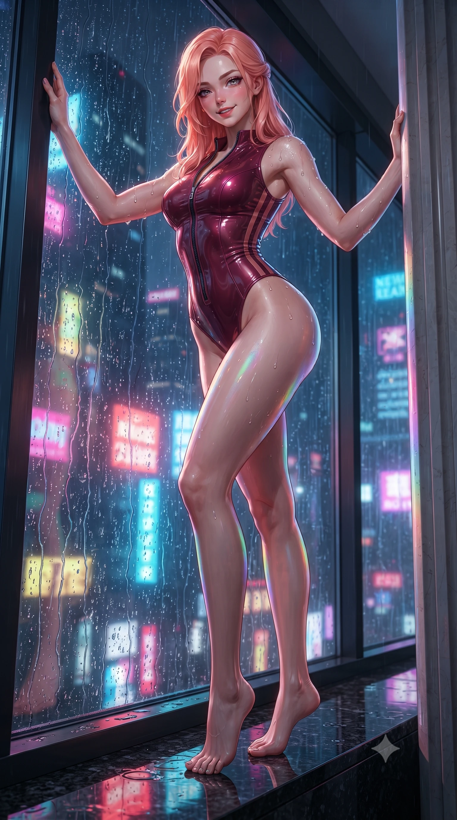 score_9, masterpiece, best quality, ultra-detailed, high-budget anime keyframe, editorial fashion photography, tasteful artistic composition, Japanese woman. low angle full-body shot from head to toe showing her feet, filling the entire 9:16 vertical frame with her statuesque presence, stretching her vertical silhouette. standing tall beside the architectural column, one hand resting high while arching her lower back to emphasize her sculpted feminine hips and slender waist while twisting her slender torso in an alluring contrapposto stance, countless neon city lights refracting through rain rivulets onto her curves. The surrounding environment is rendered in vivid detail and crisp panoramic clarity: sharp rain stream refraction lines on glass, polished black granite sill reflections, and distant skyscraper neon signage in deep focus. She has an absolutely perfect, statuesque 8.5-heads proportion, an exceptionally tall and slender model-like female figure with impossibly long slender legs, an ultra-slim waist, a flat toned midriff, narrow delicate ribcage, and beautifully sculpted feminine hips creating a graceful, slim hourglass silhouette without any bulky heaviness. sharp v-shaped jawline, high-bridge nose, sparkling eyes with hypnotic seductive depth, thick curled eyelashes, glossy parted lips with a natural dewy peach sheen, alluring bedroom-eyes with an enchanting coquettish smile, exuding magnetic siren charisma and sophisticated glamour, flawlessly proportioned anatomical accuracy, strict slender model proportions, natural body alignment, perfectly sculpted long slender limbs, ultra-slim waistline, clean dynamic posture without body distortion. wearing a form-contouring wet-look neoprene zip-front maillot with high-cut leg openings and racing side stripes in smoldering crimson wine and deep rose-gold, crafted from wet-look high-gloss vinyl fabric with dazzling specular surface reflections, finished with glistening drops of pool water beading across her sculpted shoulders and collarbones, the liquid-tight tailored fabric clinging flawlessly to her narrow waist and rounded feminine hips, emphasizing every millimeter of her sculpted slim hourglass curves without any bulky heaviness. bathed in dynamic shifting multi-color neon light transmitted through rain-streaked exterior glass. ultra-reflective glossy finish, specular highlights, rich textural contrasts, high-contrast stereoscopic depth, volumetric dynamic lighting, 2k, ultra detail, master piece, 9:16 ratio