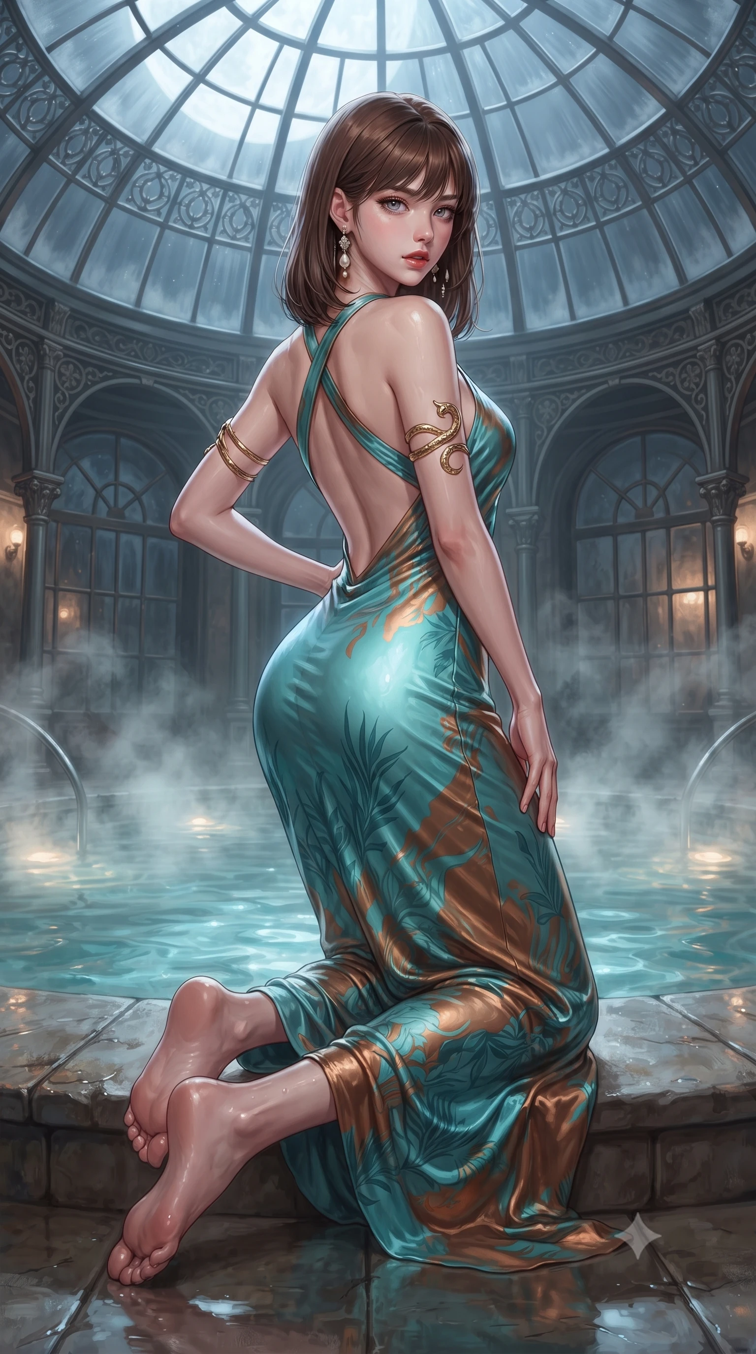 score_9, masterpiece, best quality, ultra-detailed, high-budget anime keyframe, editorial fashion photography, tasteful artistic composition, Korean woman. low angle full-body shot from head to toe showing her feet, filling the entire 9:16 vertical frame with her statuesque presence, stretching her vertical silhouette. posing with back turned slightly to the lens, glancing back with smoldering allure as she arches her lower back to emphasize her sculpted feminine hips and slender waist while kneeling gracefully on a wet stone pool step with one hand on her hip, thermal steam rising to caress her feminine curves. The composition keeps background elements in soft focus with creamy bokeh. steaming pool water vapors and curved Victorian iron ribs softened in dreamy shallow focus. She has an absolutely perfect, statuesque 8.5-heads proportion, an exceptionally tall and slender model-like female figure with impossibly long slender legs, a toned flat midriff, an ultra-slim waist, and beautifully sculpted feminine hips. sharp v-shaped jawline, high-bridge nose, intricate jewel-like eyes with depth, thick eyelashes, glossy parted lips with a natural sheen, intensely captivating and seductive bedroom-eyes expression, flawlessly proportioned anatomical accuracy, strict slender model proportions, natural body alignment, perfectly sculpted long slender limbs, ultra-slim waistline, clean dynamic posture without body distortion. wearing an open-waist botanical print silk maxi gown with crossed halter straps and bare back in aquatic turquoise and molten bronze, tailored from smooth liquid silk satin adhering seamlessly to her wet skin, complemented by sculpted gold serpent armlets and pearl drop earrings, the glove-like aerodynamic silhouette tightly following the natural contour of her hips and long slender legs with statuesque precision. bathed in cool silver moonlight filtering through the glass dome and warm underwater pool uplights. ultra-reflective glossy finish, specular highlights, rich textural contrasts, high-contrast stereoscopic depth, volumetric dynamic lighting, 2k, ultra detail, master piece, 9:16 ratio