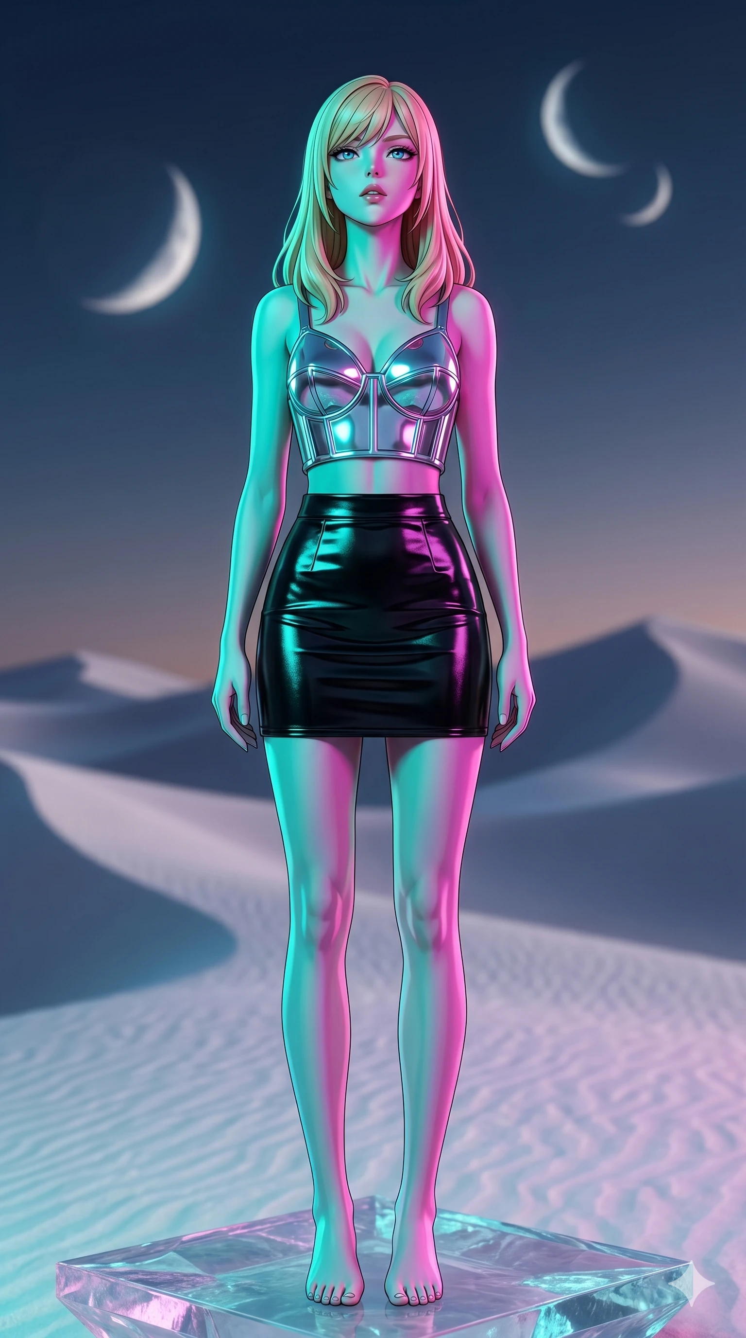 score_9, masterpiece, best quality, ultra-detailed, high-budget anime keyframe, editorial fashion photography, tasteful artistic composition, Caucasian woman, strictly human ears. cowboy shot from the thighs up, character and outfit filling the frame for maximum editorial presence. Tilting her chin up slightly with lips parted in a composed expression on a levitating platform above shimmering white sand dunes under twin crescent moons. She has an absolutely perfect 8-heads proportion, an exceptionally tall and slender female figure with impossibly long slender legs and an ultra-slim waist. V-shaped jawline, high-bridge nose, intricate jewel-like eyes with depth, thick eyelashes, glossy lips with a natural sheen. wearing a sculptural chrome-plated structured crop top with molded geometric cups and architectural side boning, paired with a high-waist black gloss leather mini skirt to mid-thigh. under intense neon teal and magenta split-lighting creating vivid chromatic contrast on her figure. 2k, ultra detail, master piece, 9:16 ratio