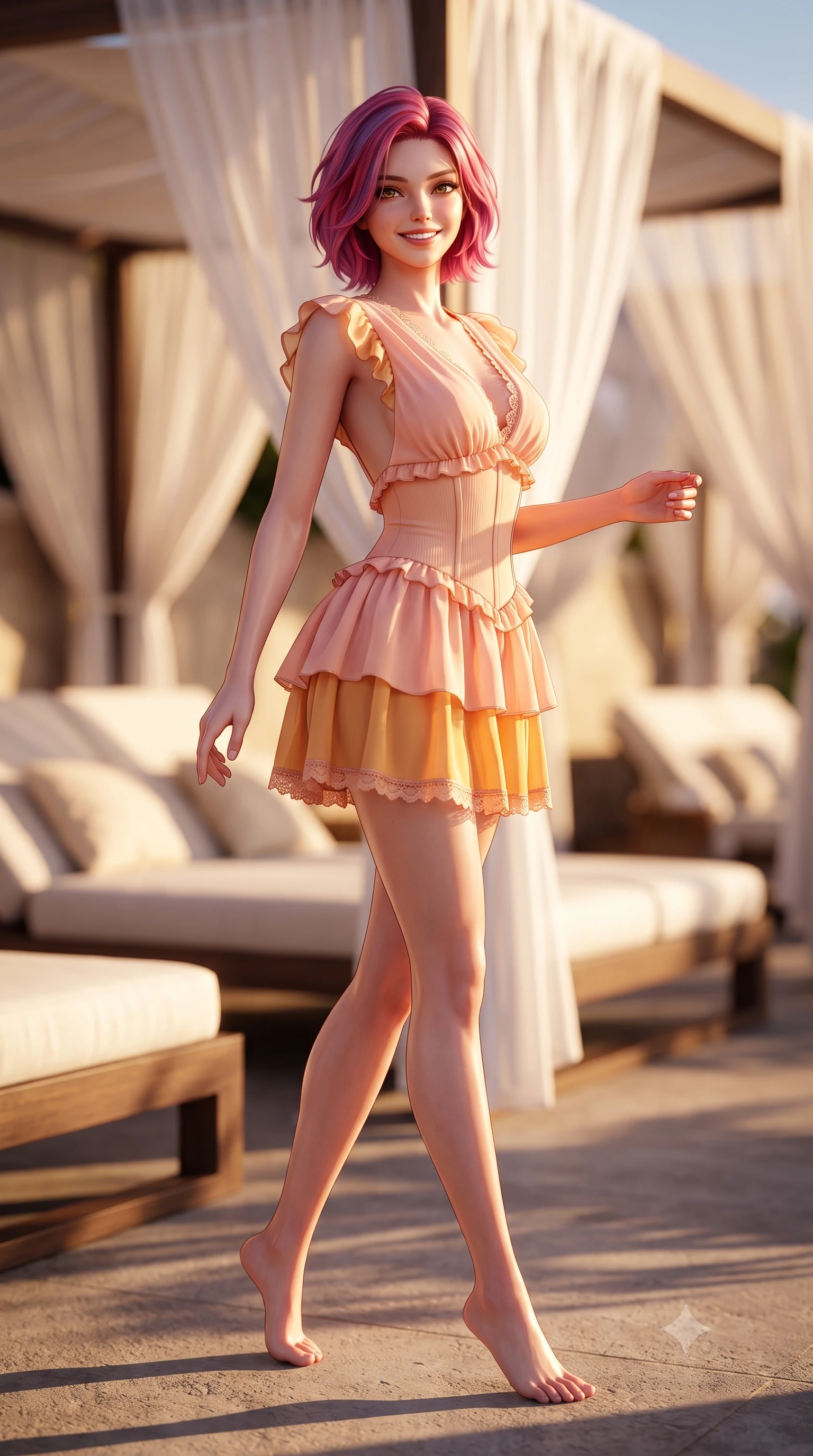 score_9, masterpiece, best quality, ultra-detailed, high-budget anime keyframe, semi-realistic 3D game render, editorial fashion photography, tasteful artistic composition, Caucasian woman. low angle full-body shot from head to toe showing her feet, filling the entire 9:16 vertical frame with her statuesque presence, stretching her vertical silhouette. stepping forward gracefully across the terrace in mid-motion with a radiant beaming smile, hips swaying in an alluring kinetic rhythm that accentuates her curvy hourglass silhouette and long slender legs while lounging on a white linen sunbed propped on one elbow, her long slender legs and hourglass curves highlighted by the setting sun. The composition keeps background elements in soft focus with dreamy creamy bokeh. billowing sheer white cabana drapes and luxury daybeds softened in Mediterranean beach club shallow focus. She has an exceptionally tall and slender model-like 8.5-heads proportion, an ultra-slim waist, a flat toned midriff, narrow delicate ribcage, and beautifully sculpted feminine hips creating a graceful, slim hourglass silhouette without any bulky heaviness, with impossibly long slender legs. sharp v-shaped jawline, high-bridge nose, sparkling amber-hazel eyes with depth, long lush eyelashes, glossy sun-kissed lips with a warm coral glaze, radiant teasing smile with sensual sunlit bedroom-eyes, exuding effortless old-money elegance and intoxicating sun-drenched allure, flawlessly proportioned anatomical accuracy, strict slender model proportions, natural body alignment, perfectly sculpted long slender limbs, ultra-slim waistline, clean dynamic posture without body distortion. wearing a tiered ruffled chiffon resort mini dress with an ultra-slim corseted waist and open back in soft peach blossom pink and warm apricot gold, formed from supple second-skin stretch ribbed knit clinging to her form, finished with subtle ruffle trims and delicate scallop lace edging, the high-waisted tailoring accentuating her ultra-slim waistline and the enchanting curve of her feminine hips with alluring sunlit charm. bathed in warm Adriatic golden hour rays casting long dramatic shadows. highly saturated vibrant anime colors, detailed shading with soft gradients, rich glossy textures, high-contrast stereoscopic depth, volumetric dynamic lighting, master piece, 9:16 ratio